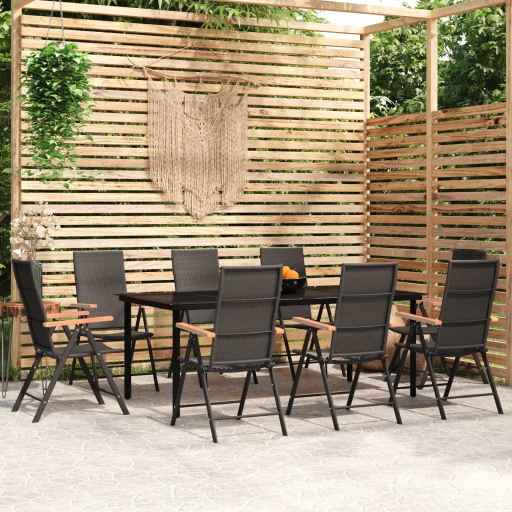vidaXL 7-Piece Outdoor Patio Dining Set with Powder-Coated Steel Frame, Tempered Glass Tabletop and 6 PE Rattan Chairs, Black