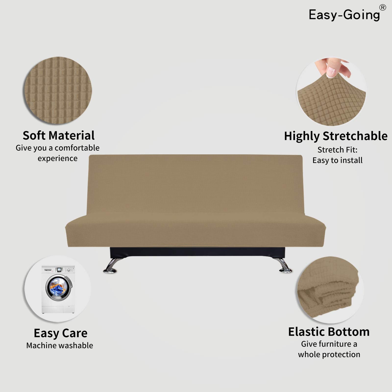 Easy-Going Stretch Futon Slipcover Armless Futon Bed Cover Furniture Protector Without Armrests With Elastic Bottom For Kids, Soft Jacquard Fabric Small Checks (Large, Tan)