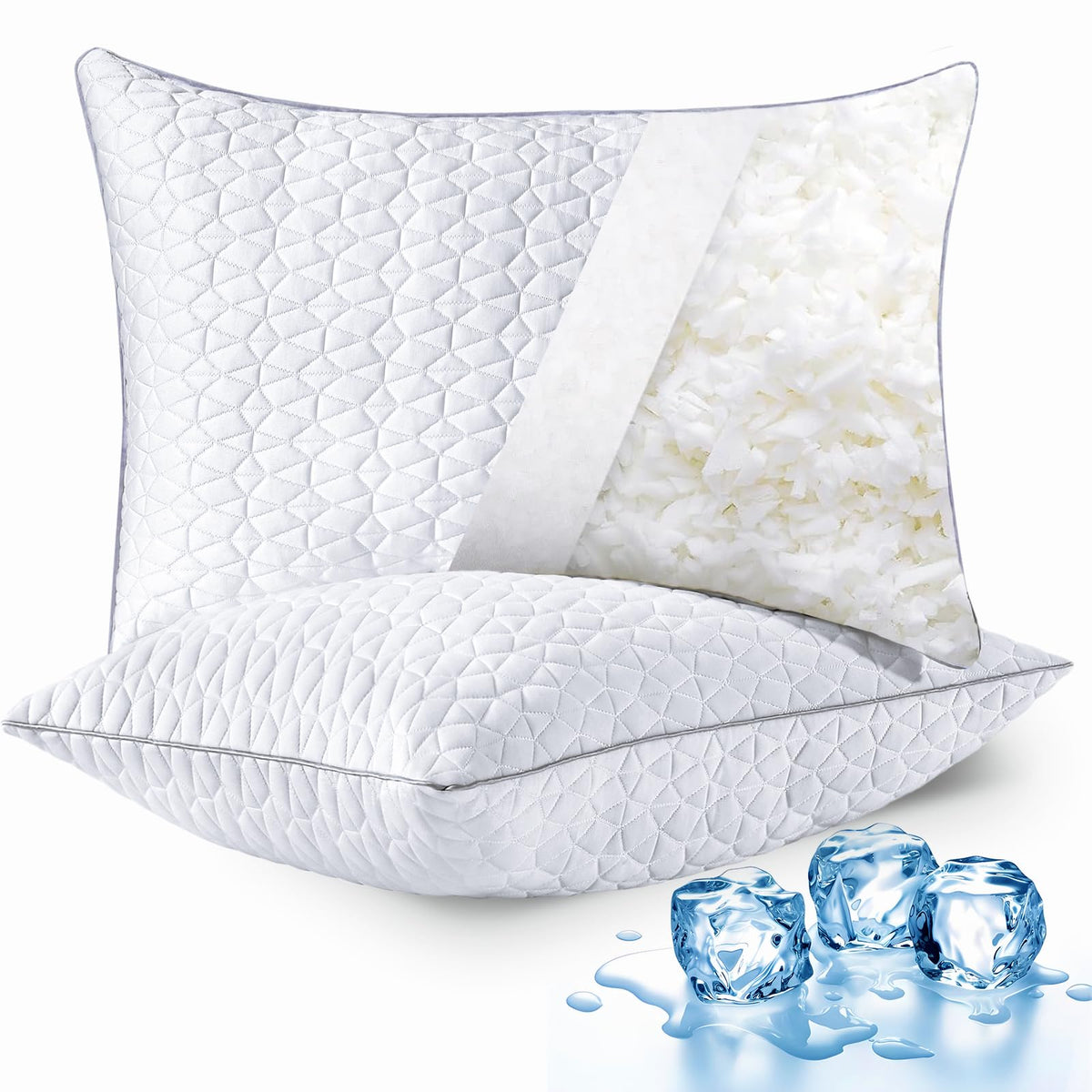 Cooling Pillows Standard Size Set Of 2, Shredded Memory Foam Pillows, Adjustable Firm Bed Pillows Cool Cold Pillow For Hot Side