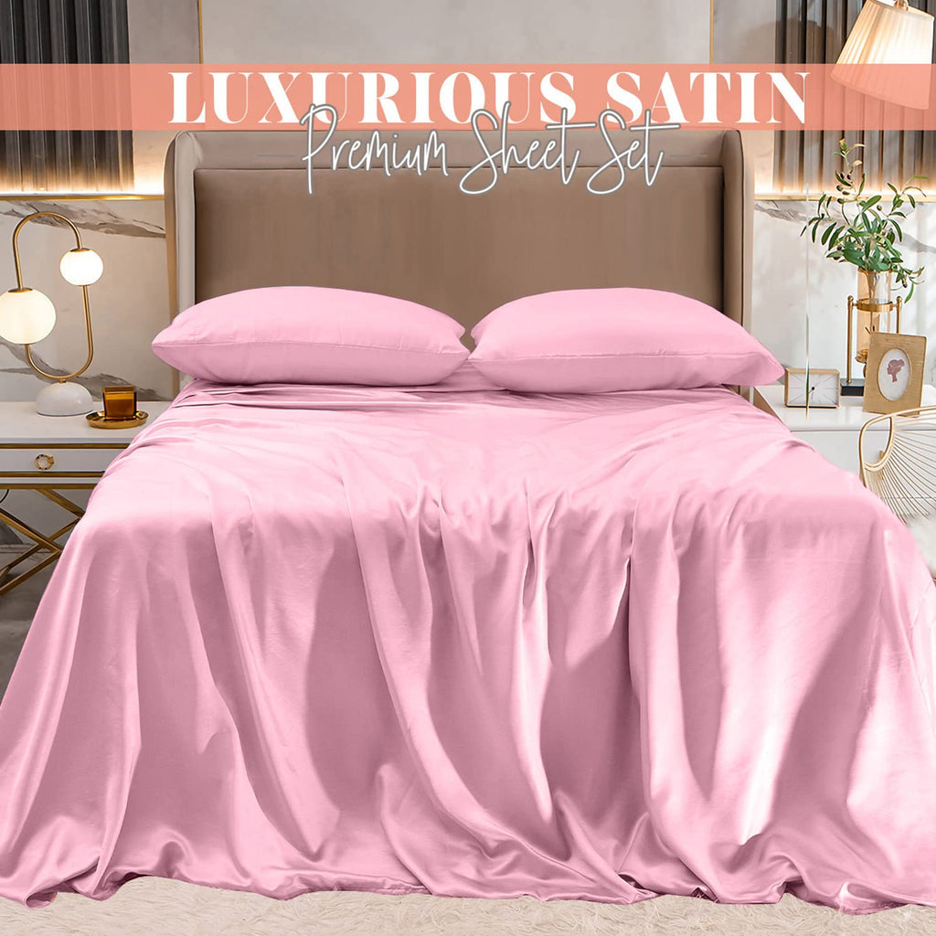 Elegant Comfort Luxurious 4-Piece Silky Satin Sheet Set, Skin And Hair Friendly, Wrinkle, Fade, Stain Resistant With Deep Pockets Fitted Sheet, Cooling Soft Satin Sheet Set, Queen, Light Pink