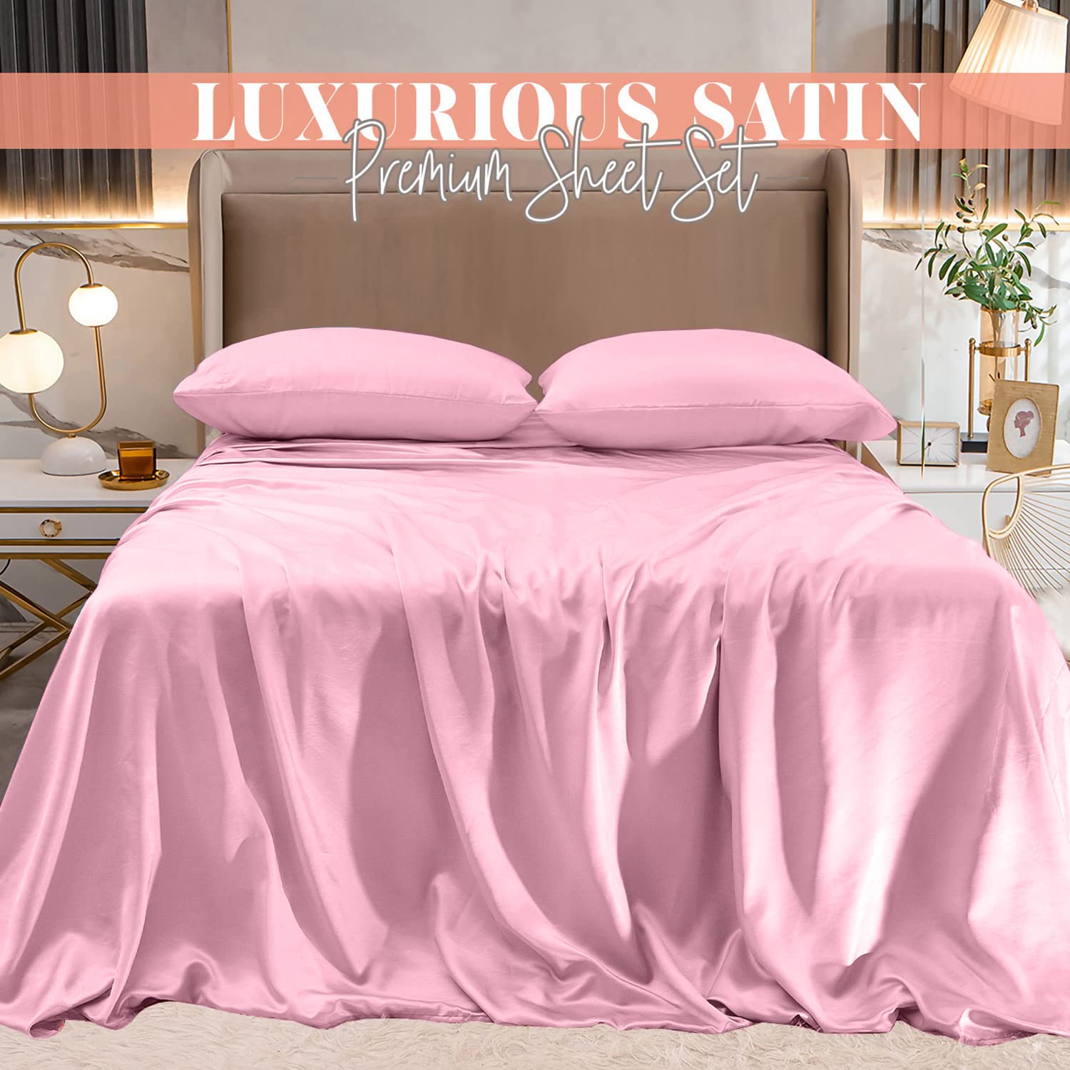 Elegant Comfort Luxurious 4-Piece Silky Satin Sheet Set, Skin And Hair Friendly, Wrinkle, Fade, Stain Resistant With Deep Pockets Fitted Sheet, Cooling Soft Satin Sheet Set, Queen, Light Pink