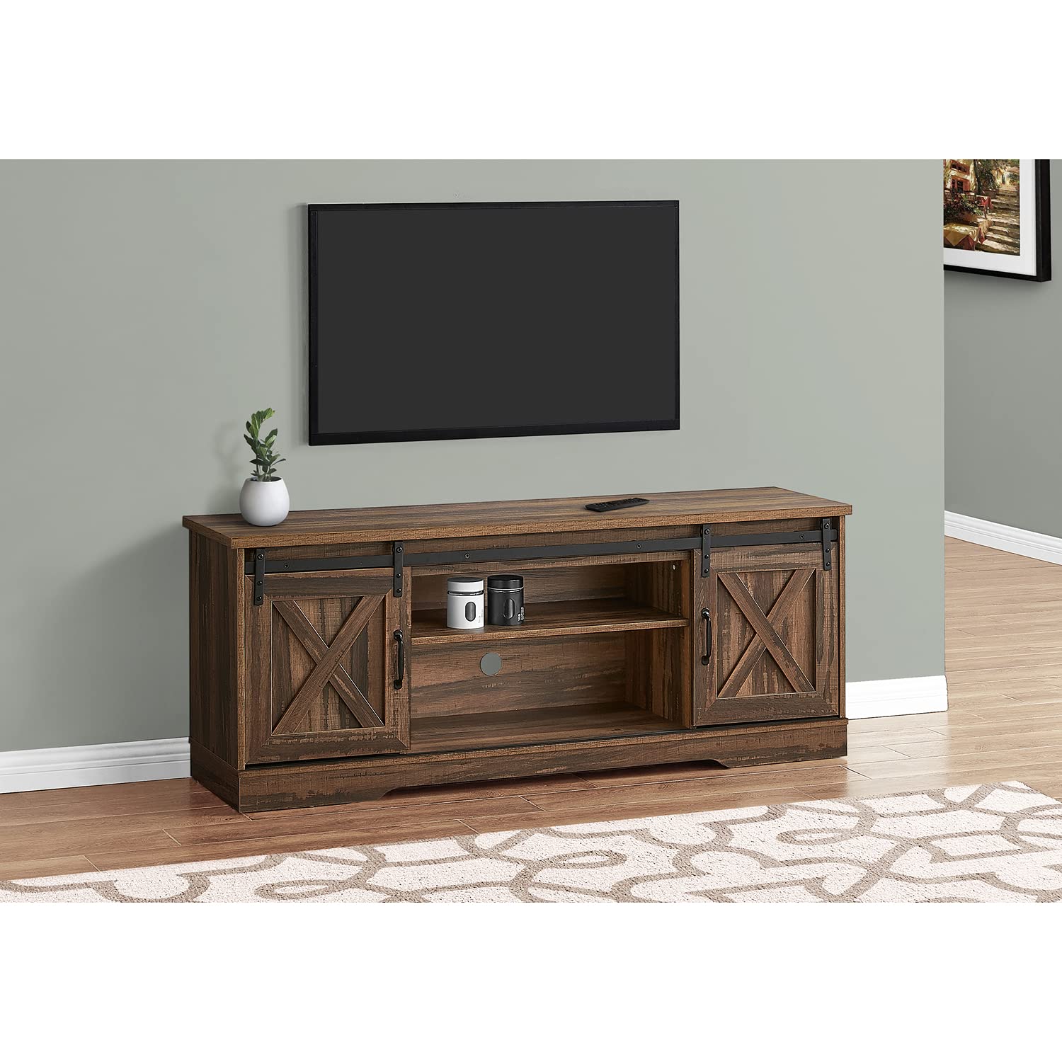 Monarch Specialties I 2748 Tv Stand, 60 Inch, Console, Media Entertainment Center, Storage Cabinet, Living Room, Bedroom, Laminate, Brown, Transitional