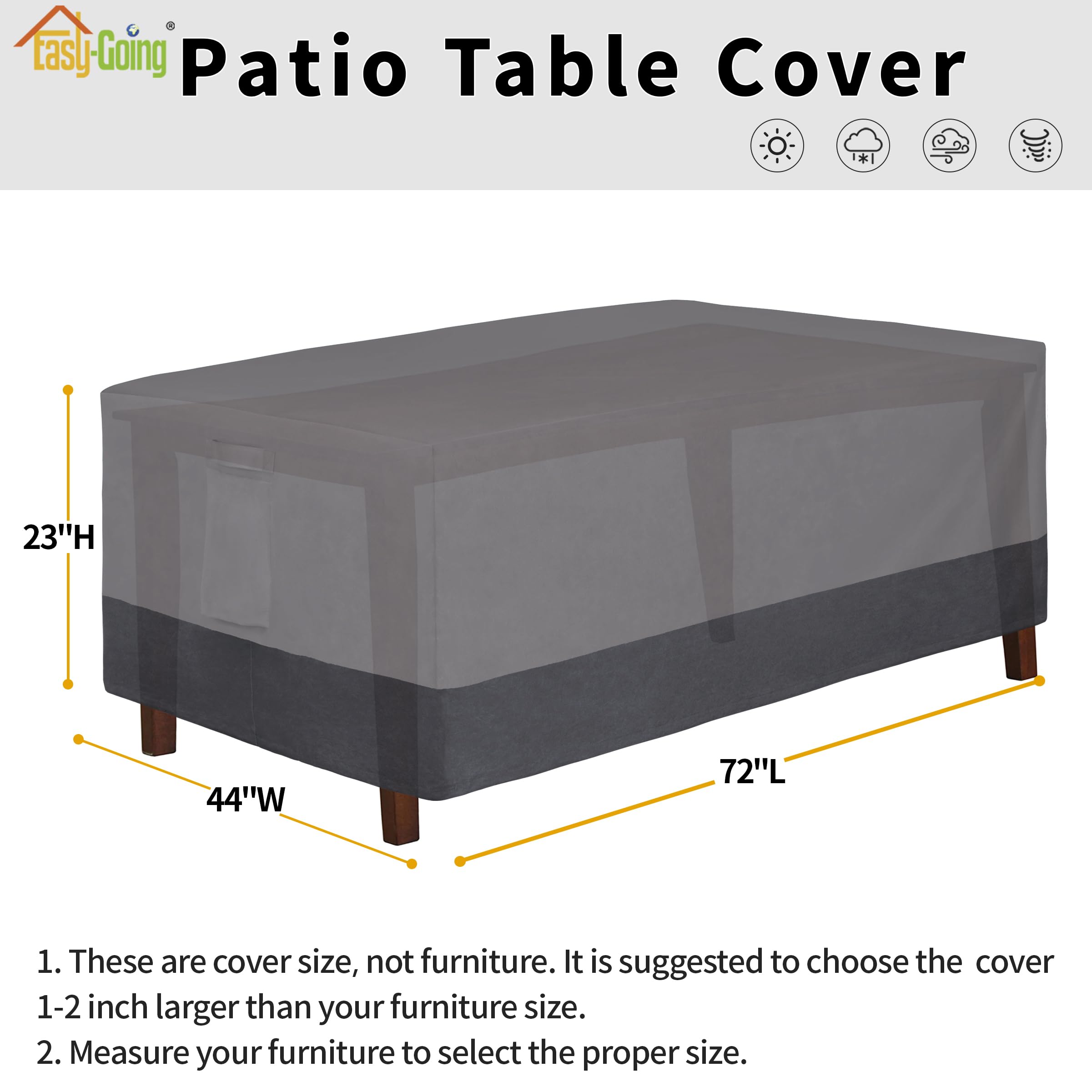 Easy-Going 600D Heavy Duty Rectangular Table Cover Uv Resistant And Waterproof Outdoor Lawn Patio Furniture Cover (72' Lx44 Wx23 H, Gray/Dark Gray)