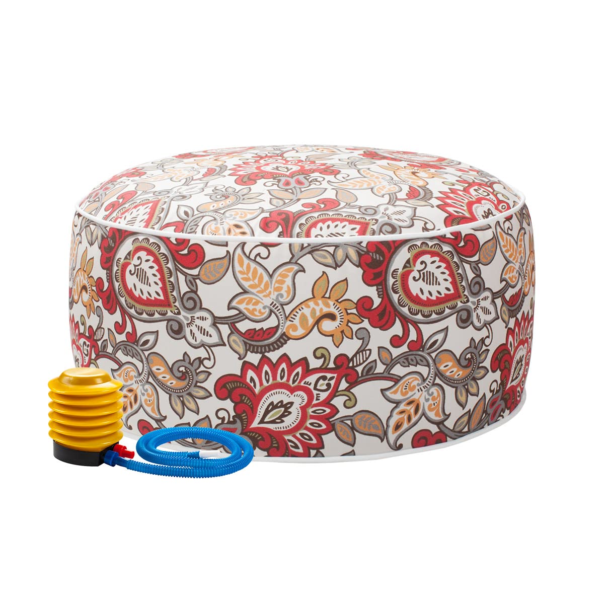 Magpie Fabrics Indoor/Outdoor Inflatable Stool Ottoman Pouf, Water Repellent Round Footrest Footstool With Foot Pump D20 Xh9, Portable For Patio Garden Travel Camping Or Home, Floral Red Orange