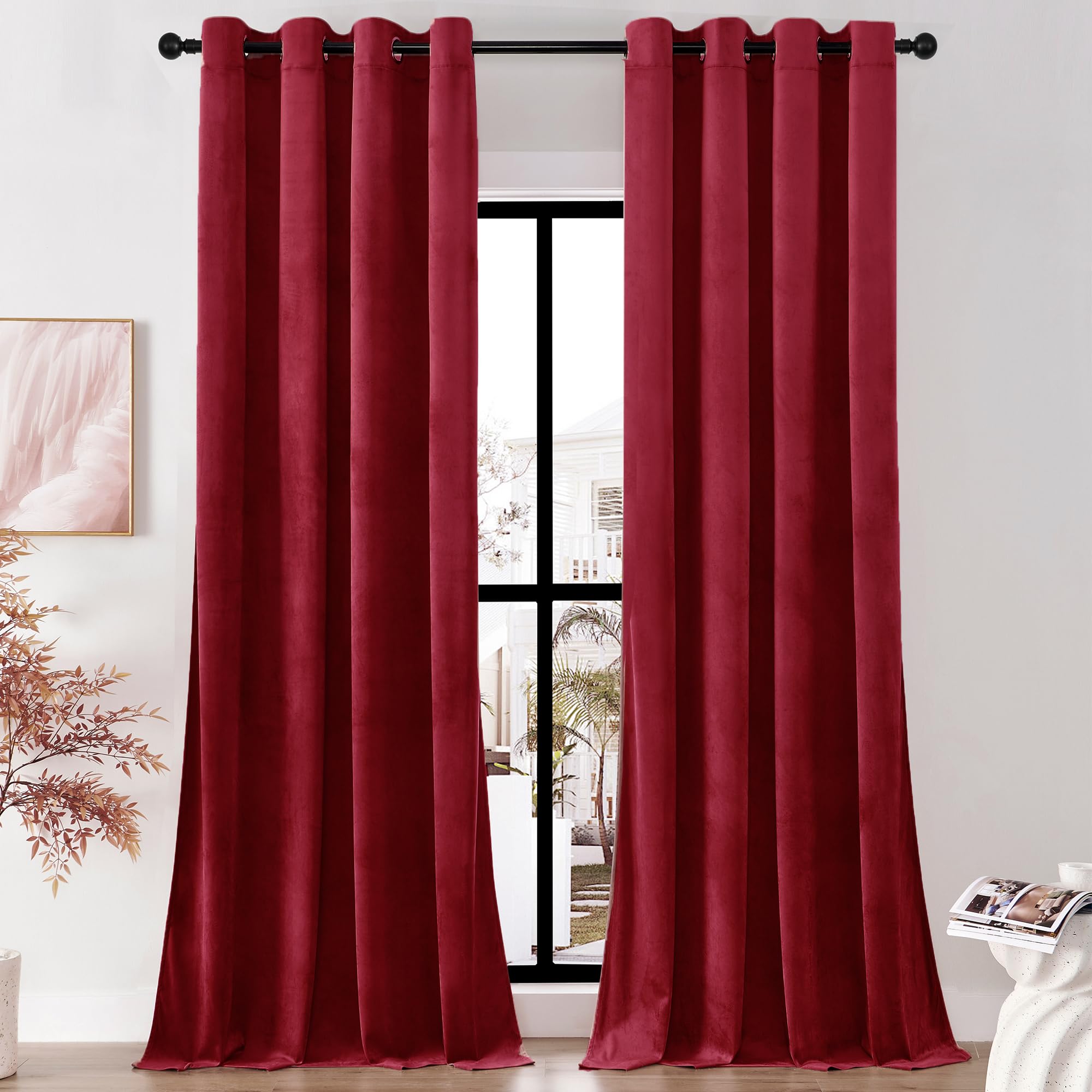 Timeper Velvet Curtains 84 Inch For Bedroom - Red Heavy Elegent Window Drapes Thermal Insulated Room Darkening Home Decor Festiv