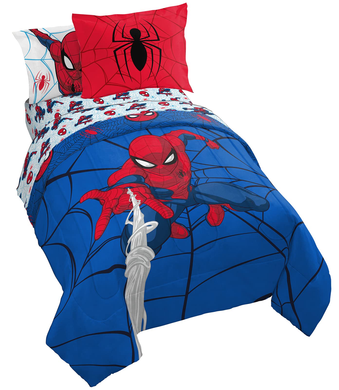 Jay Franco Marvel Spiderman Webtastic 5 Piece Twin Size Bed Set - Includes Reversible Comforter & Sheet Set - Super Soft Kids Be