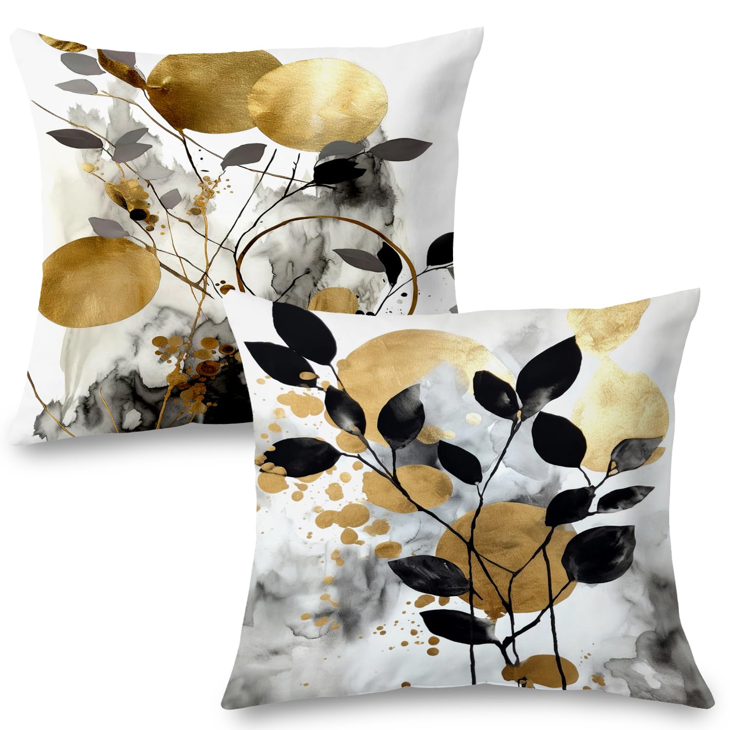 Supwhd Black And Gold Botanical Pillow Covers 16X16 Set Of 2, Abstract Modern Decorative Throw Pillow Covers For Living Room Bed