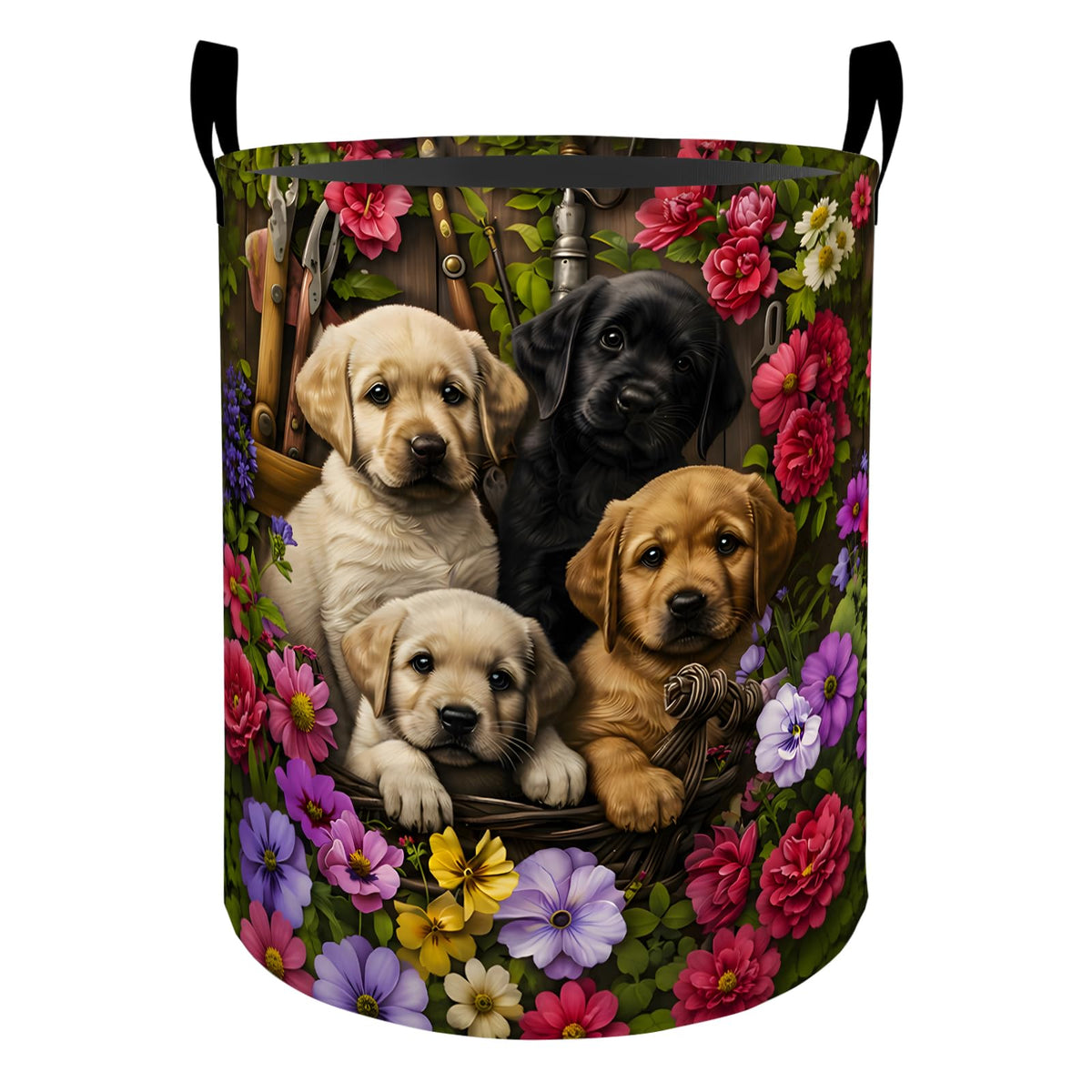 Cute Labrador Puppy Laundry Basket Hamper for Boys Girls Kids Adults, Foldable Waterproof Oxford Clothes Storage Bin, Floral Dog