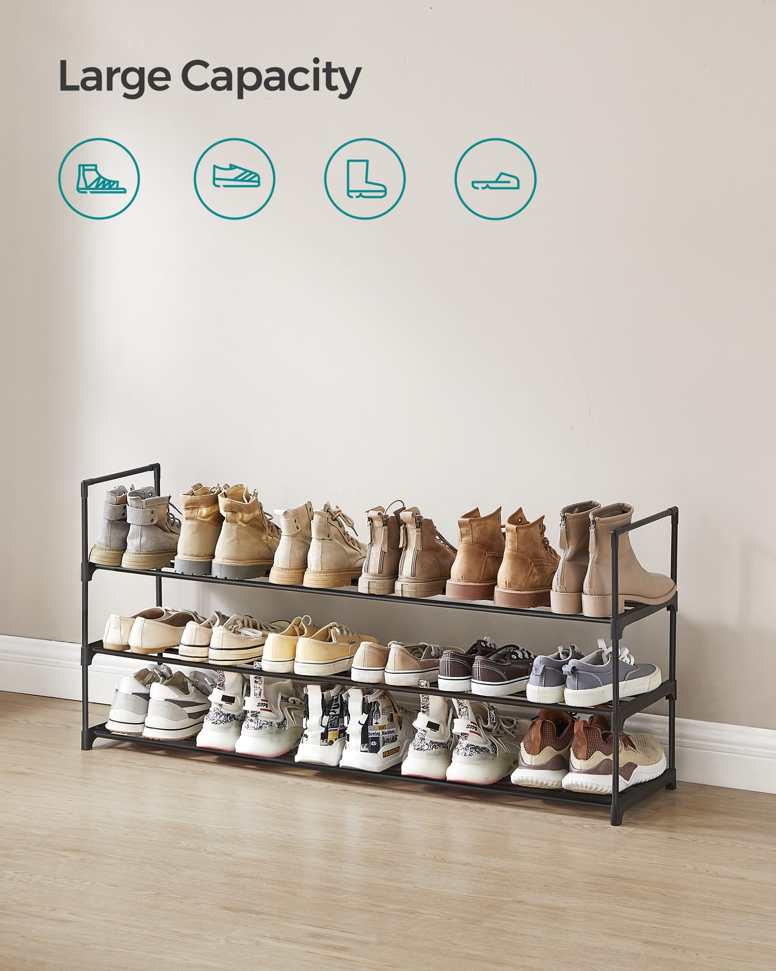 Songmics Shoe Rack, 3-Tier Shoe Organizer, Metal Storage Shelf, Upright Or Upside Down, For 20-24 Pairs, Stackable, For Entryway, 11.8 X 46.1 X 21.7 Inches, Black Ulsa033B01