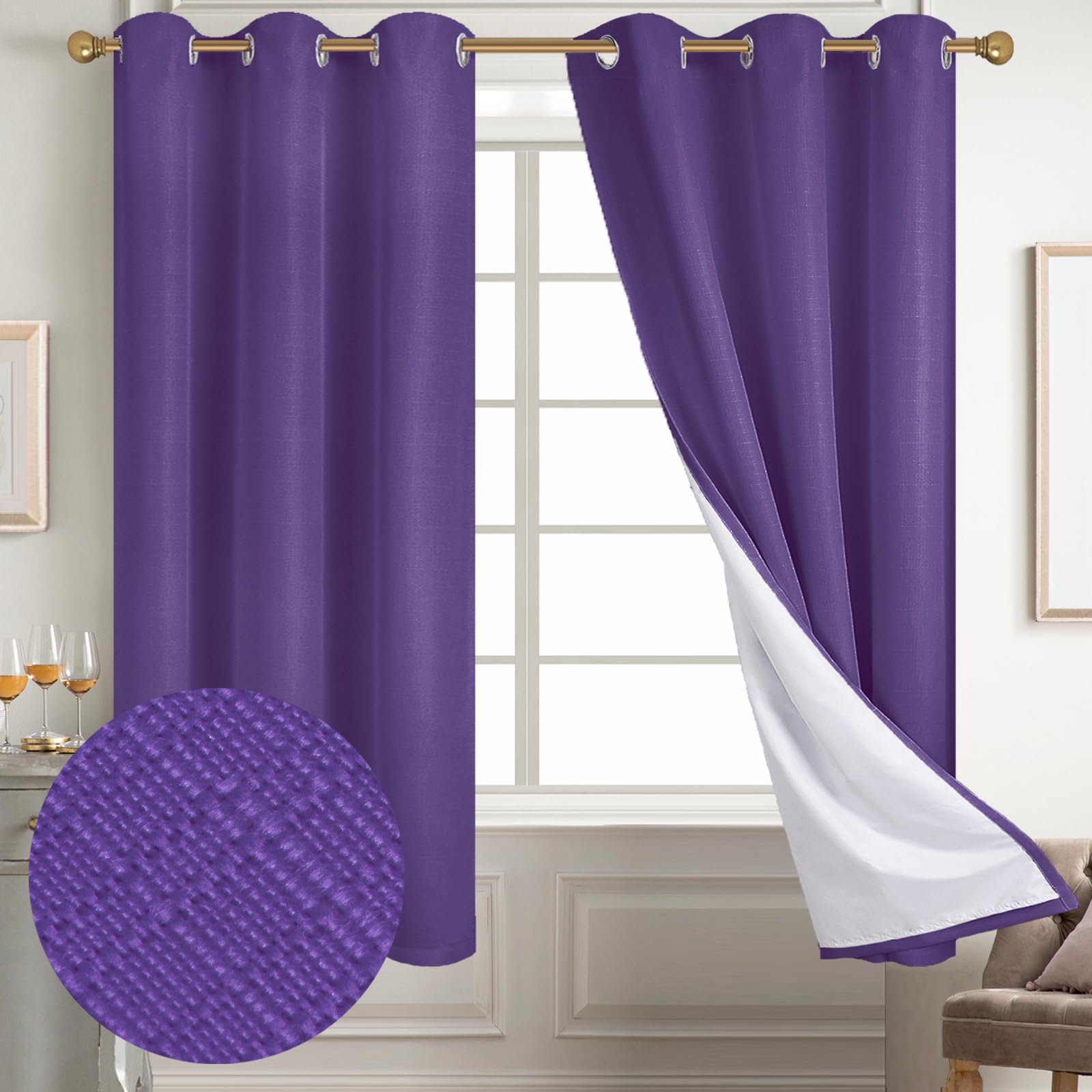 Diraysid 100% Blackout Curtains Purple Linen Curtains For Bedroom Grommet Thermal Insulated Room Darkening Drapes (2 Panels, W42