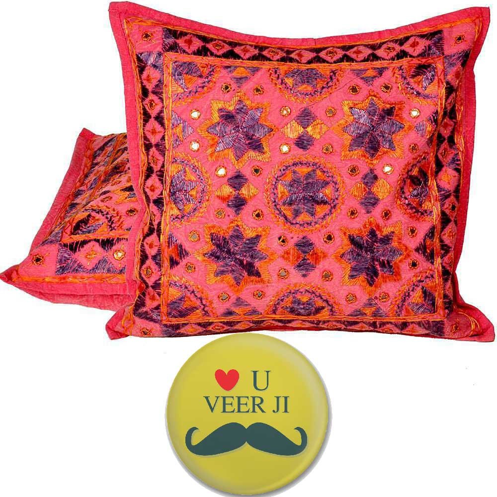 Little India Mirror Embroidery Hand Work Cotton 2 Piece Cushion Cover Set  Pink (Dli3Cus815)