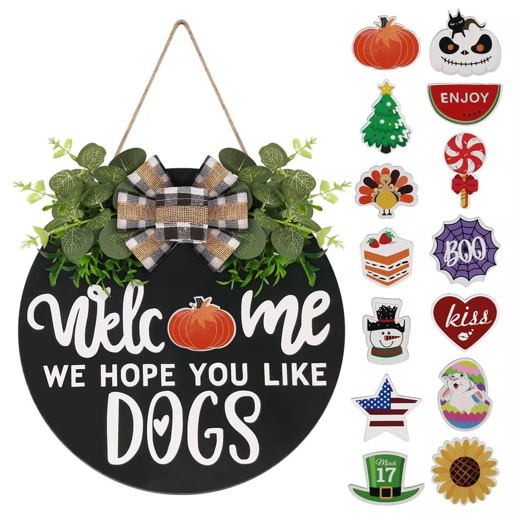Interchangeable Wooden Seasonal Welcome Sign, Rustic Round Dogs Sign Front Door Wreaths for Home/Wall/Porch Decor, for Easter Sp