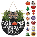 Interchangeable Wooden Seasonal Welcome Sign, Rustic Round Dogs Sign Front Door Wreaths for Home/Wall/Porch Decor, for Easter Sp