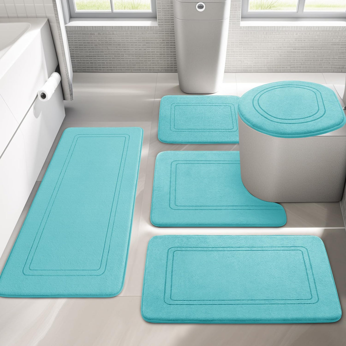 YIHOUSE Teal Memory Foam Bathroom Rug Set 5 Piece, Absorbent Bathroom Mat Set, Non Slip Bath Mats for Bathroom, Washable & Dry Q