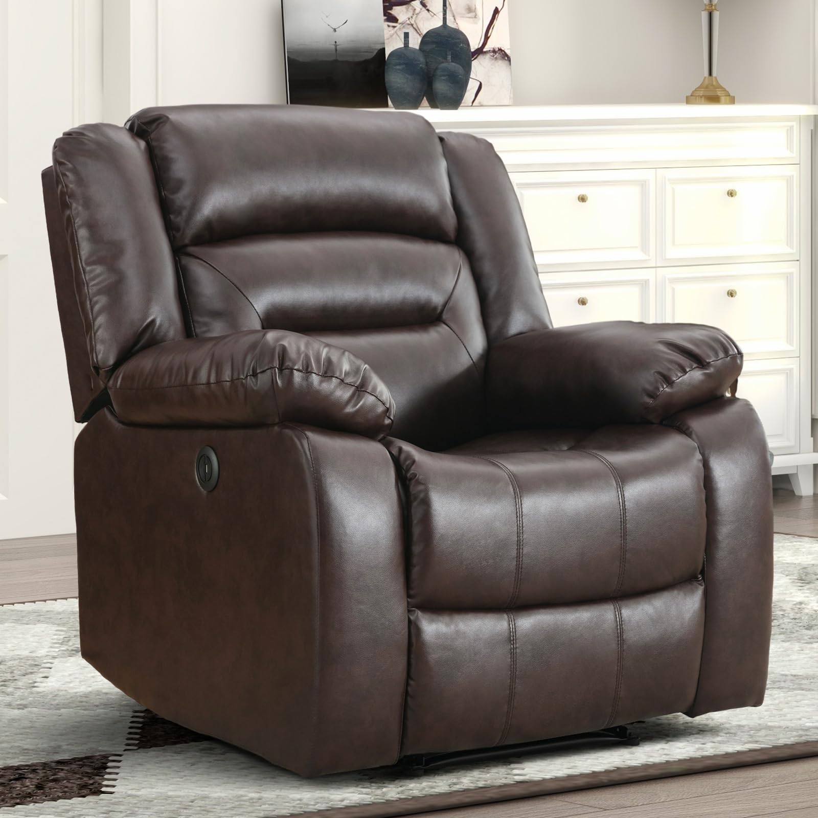 Ebello Faux Leather Power Recliner Chair, Oversized Electric Overstuffed Reclining Chair With Thick Cushion And Back, Single Sof