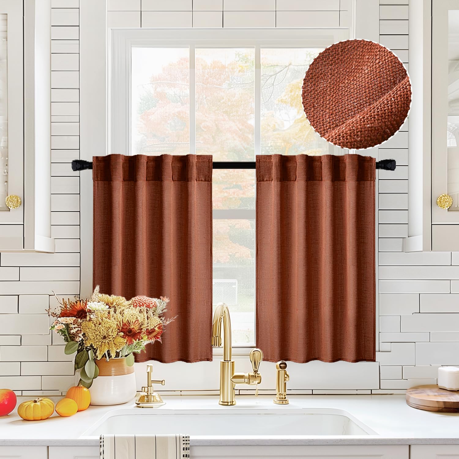 Miulee Burnt Orange Kitchen Curtains 30 Inch Length 2 Panels, Soft Thick Linen Textured Semi Sheer Light Filtering Short Cafe Ti