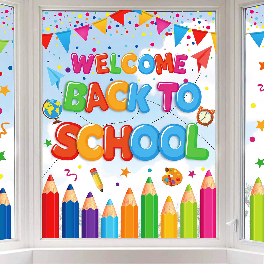 JarThenaAMCS Welcome Back to School Window Clings Flag Banner Colorful Pencils Window Stickers Double Sided Wall Glass Decals fo