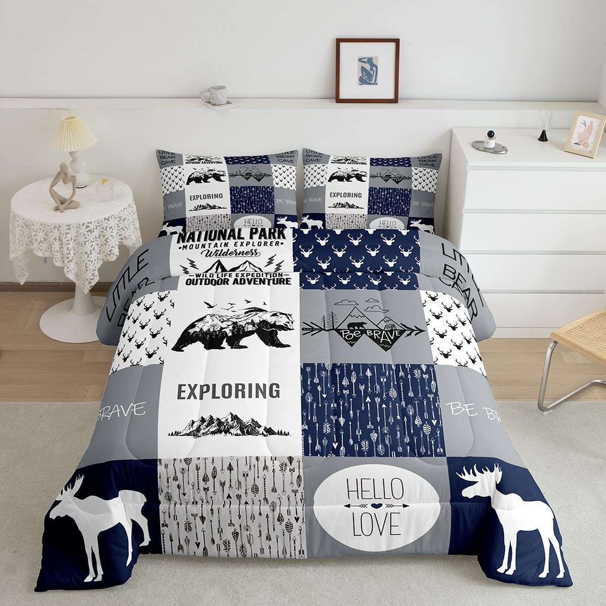 Feelyou Bear Deer Comforter Set Hunting Camping Bedding Set for Kids Boys Girls Deer Antler Comforter Rustic Cabin Plaid Duvet S
