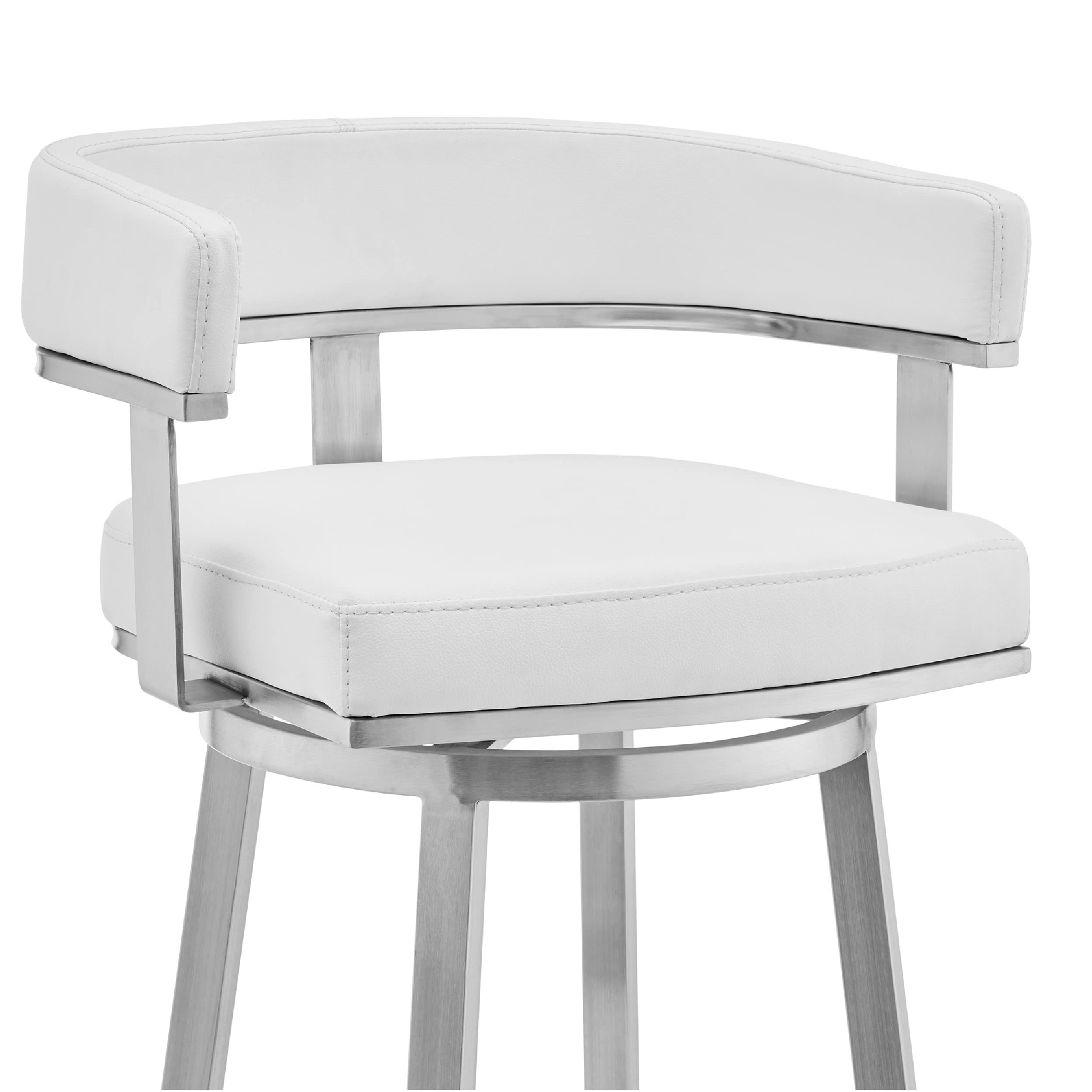 Benjara Swivel Barstool With Open Curved Back And Metal Legs, White And Silver