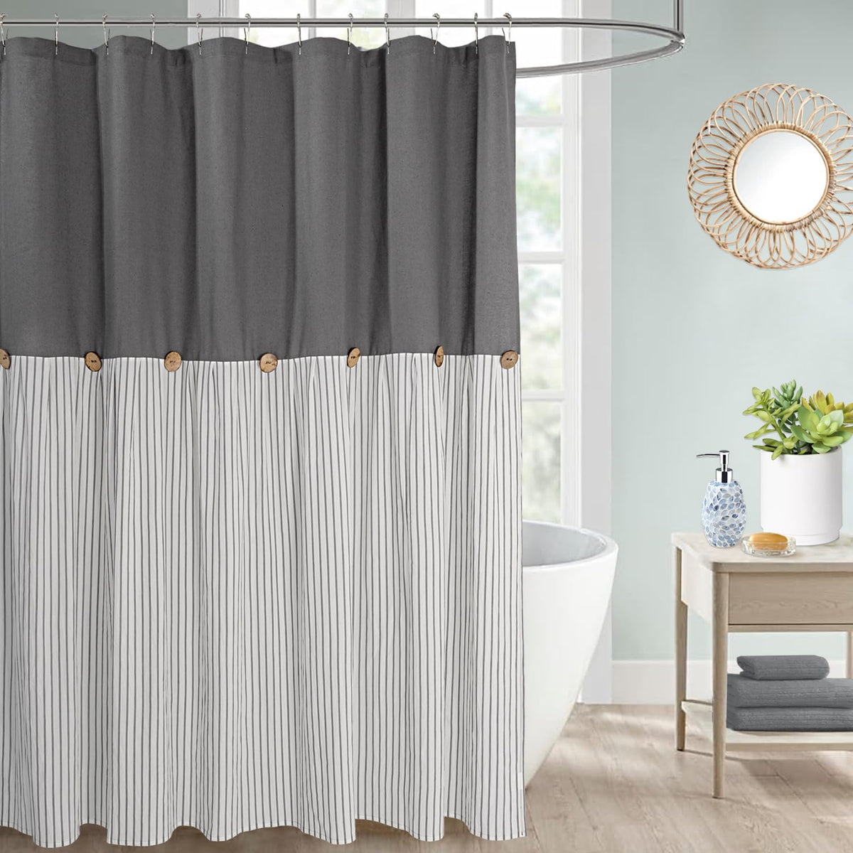 Dosly Id  Es Farmhouse Shower Curtain,Beige And Gray Stripe,Button Curtain,Linen And Cotton Woven Fabric,Rustic Charm Country Ch