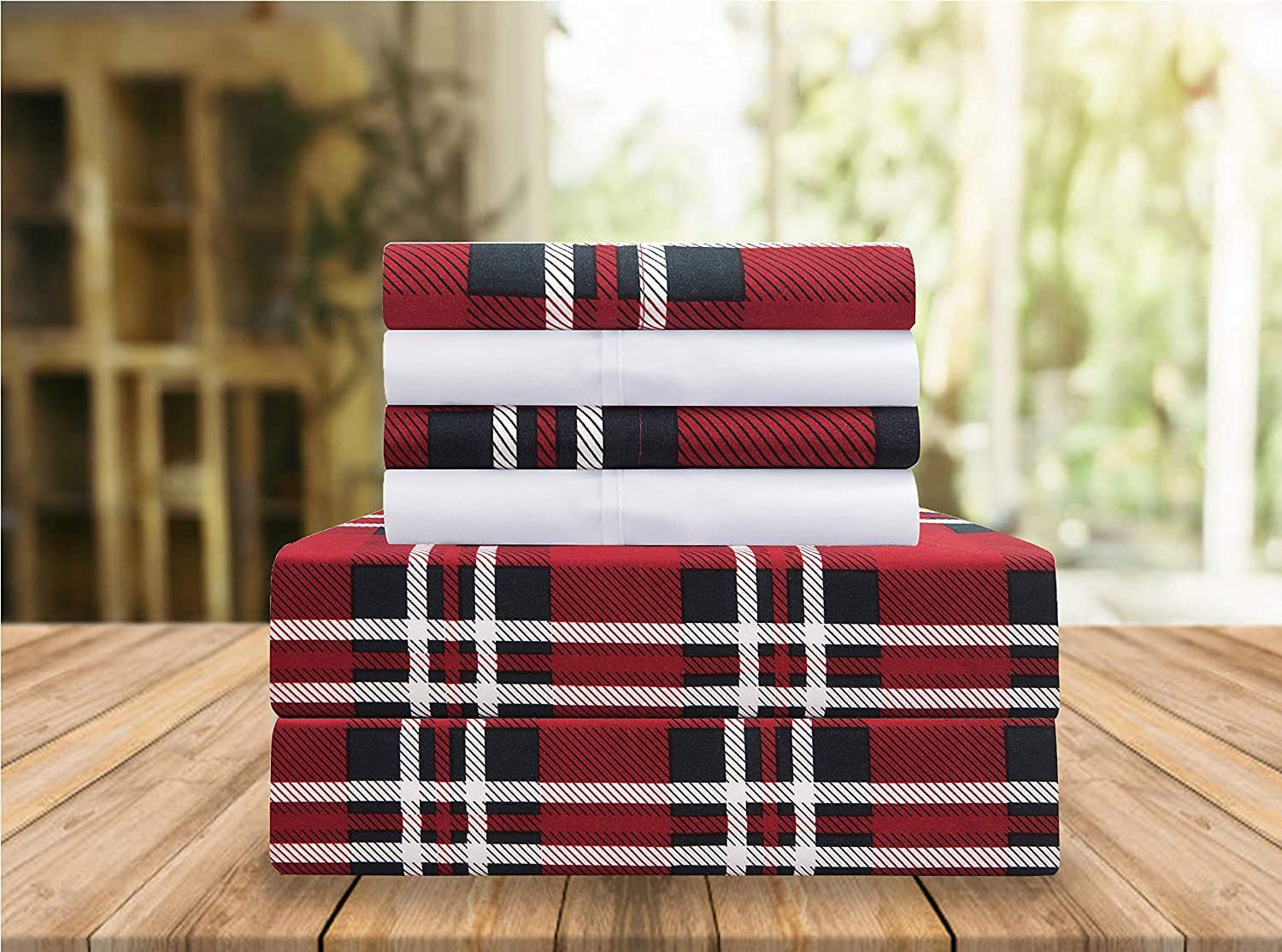 Elegant Comfort Lilliana Plaid 6-Piece Sheet Set, Supreme Coziness Fade & Wrinkle Resistant, 1500 Premium Hotel Quality Microfiber, Sheet Featuring Smart Pockets, Plaid Sheet Set, Twin, Red