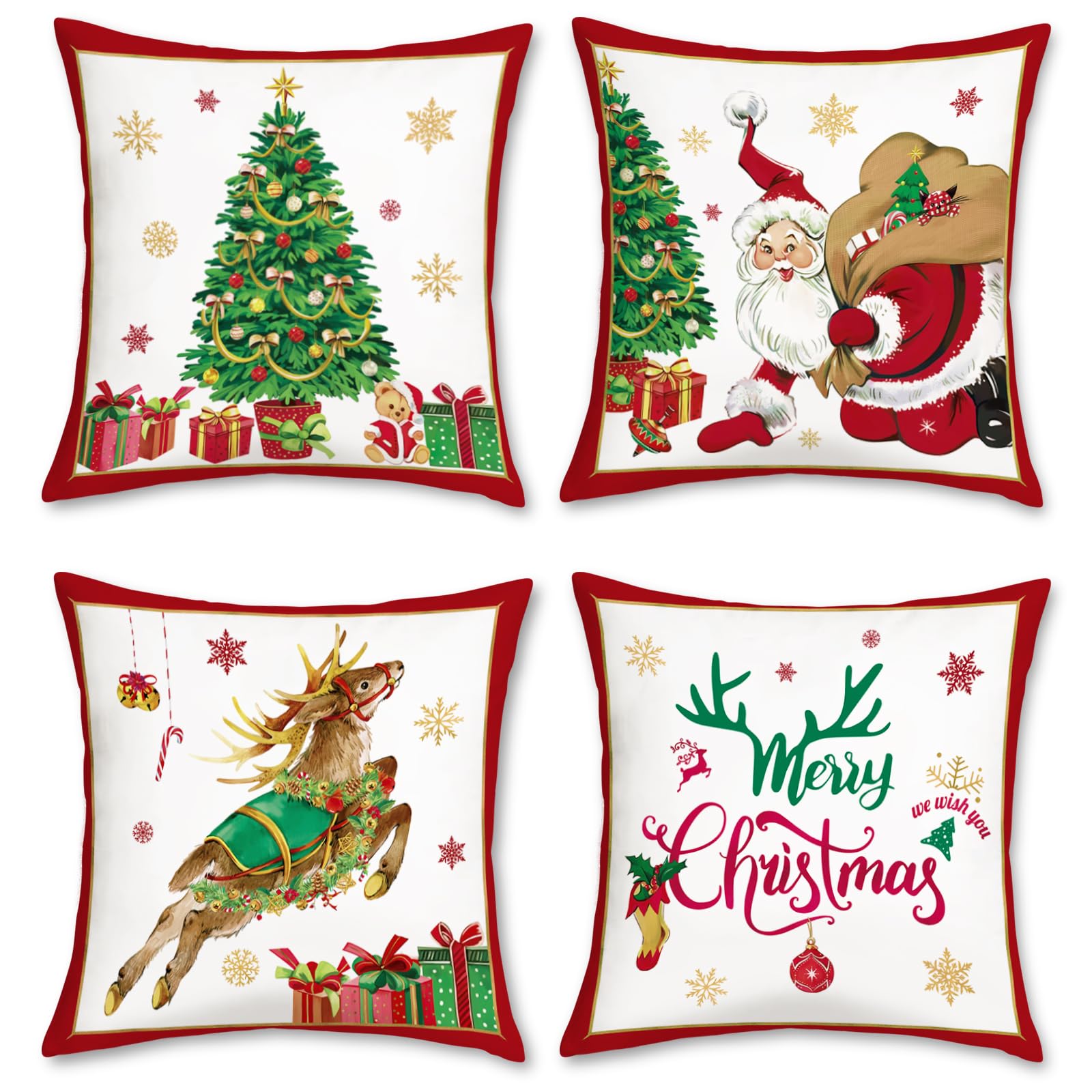 Bonhause Christmas Reindeer Throw Pillow Covers 18 X 18 Inch Santa Claus Xmas Tree Decorative Pillows For Couch Sofa Winter Holi