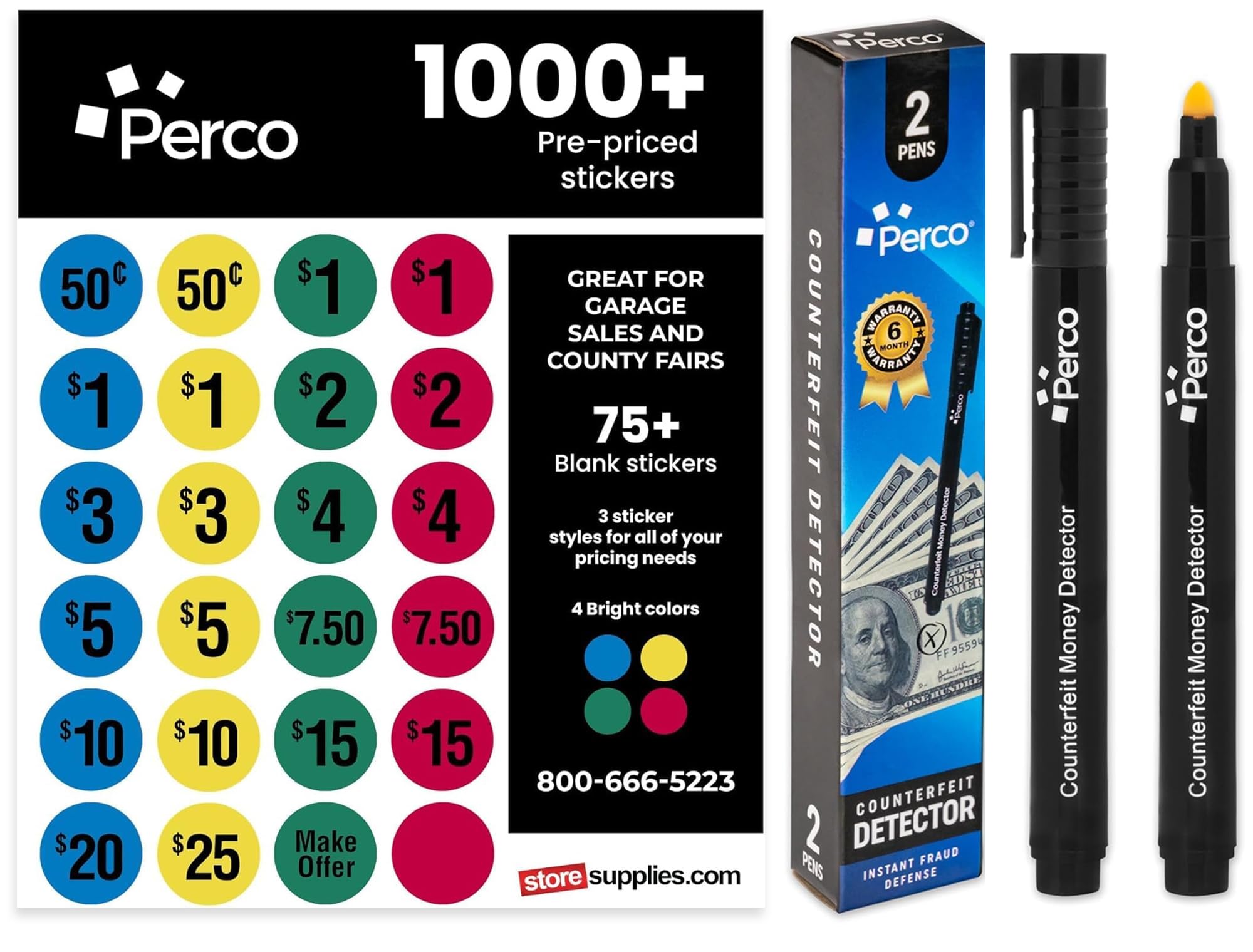 Perco Garage Sale Price Stickers With Counterfeit Money Detector Pens Kit - Includes 1000+ Pre-Priced & 75+ Blank Stickers And A