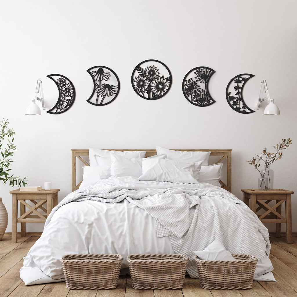 5 Pieces Moon Phase Wall Decor Boho Hanging Moon Phase Nordic Wood Wall Art for Living Room Bedroom Home Wall Decoration Room Ap