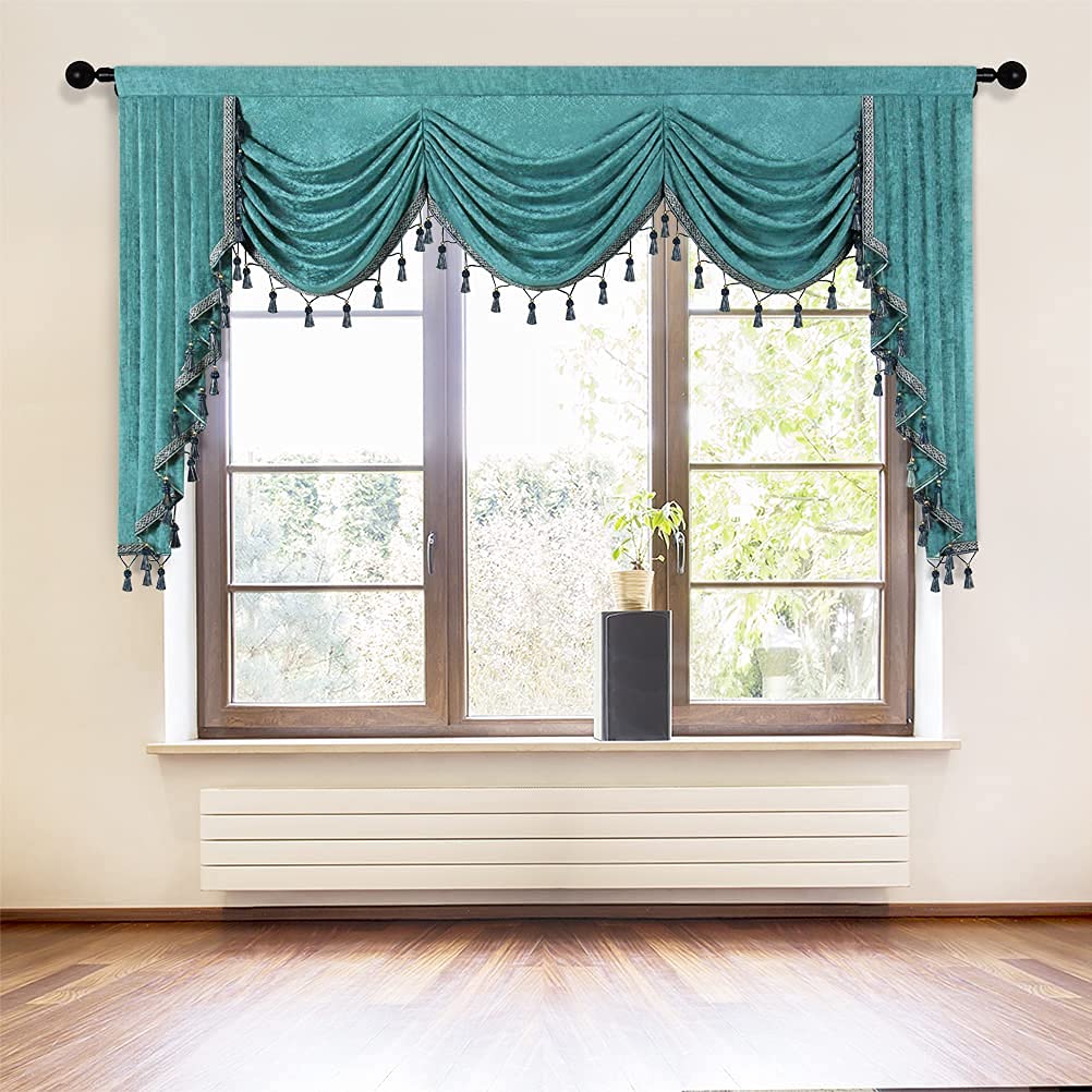 Elkca Thick Chenille Window Curtains Valance For Living Room Turquoise Waterfall Valance For Bedroom,1 Panel (Turquoise, W89)