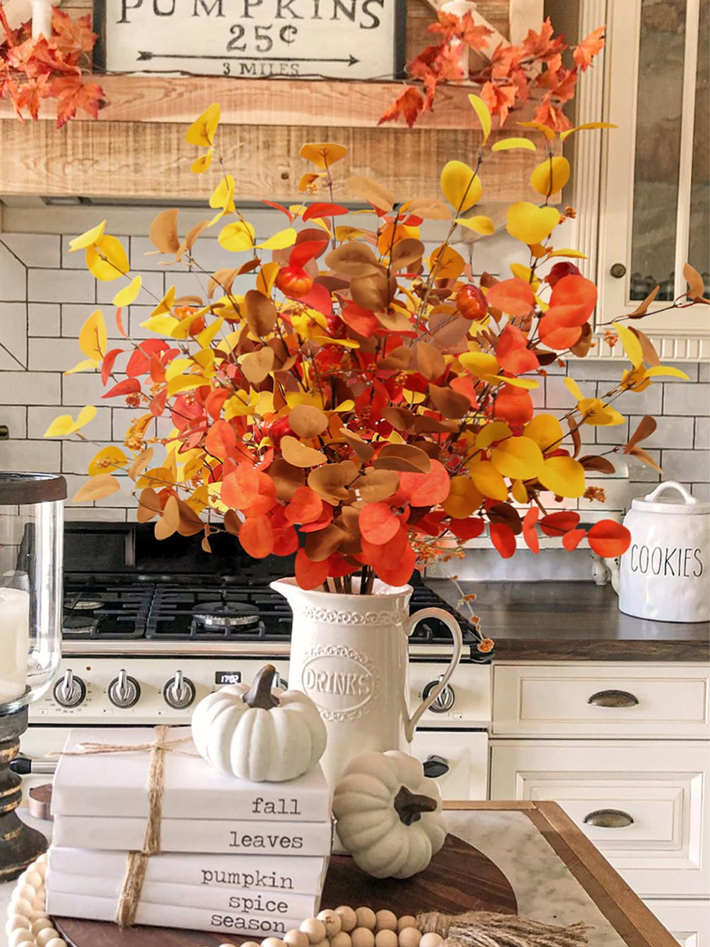 Beferr Fall Eucalyptus Stems Decor - 5Pcs 32'' Tall Faux Eucalyptus Leaves Pumpkins Branches Autumn Thanksgiving Farmhouse Harve