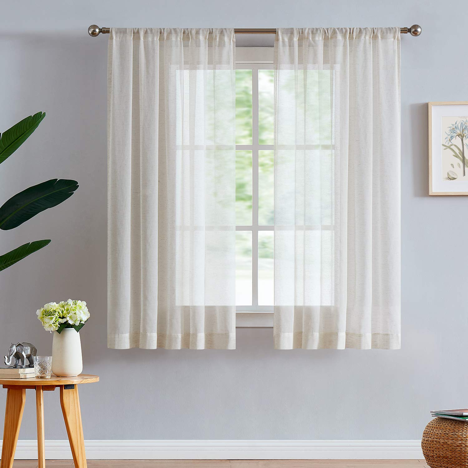 FMFUNCTEX Linen Sheer Curtains for Bedroom, Beige Curtains 45 inches Long for Living Room, Natural Flax Blend Window Draperies f