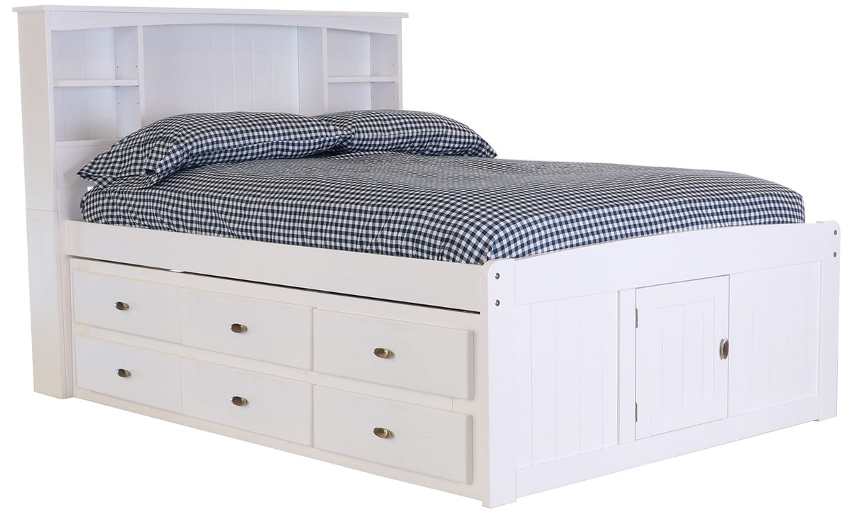 OS Home and Office Furniture Model 80221K12-22 Solid Pine Full Sized Captains Bookcase Bed with 12 Spacious underbed Drawers in Casual White