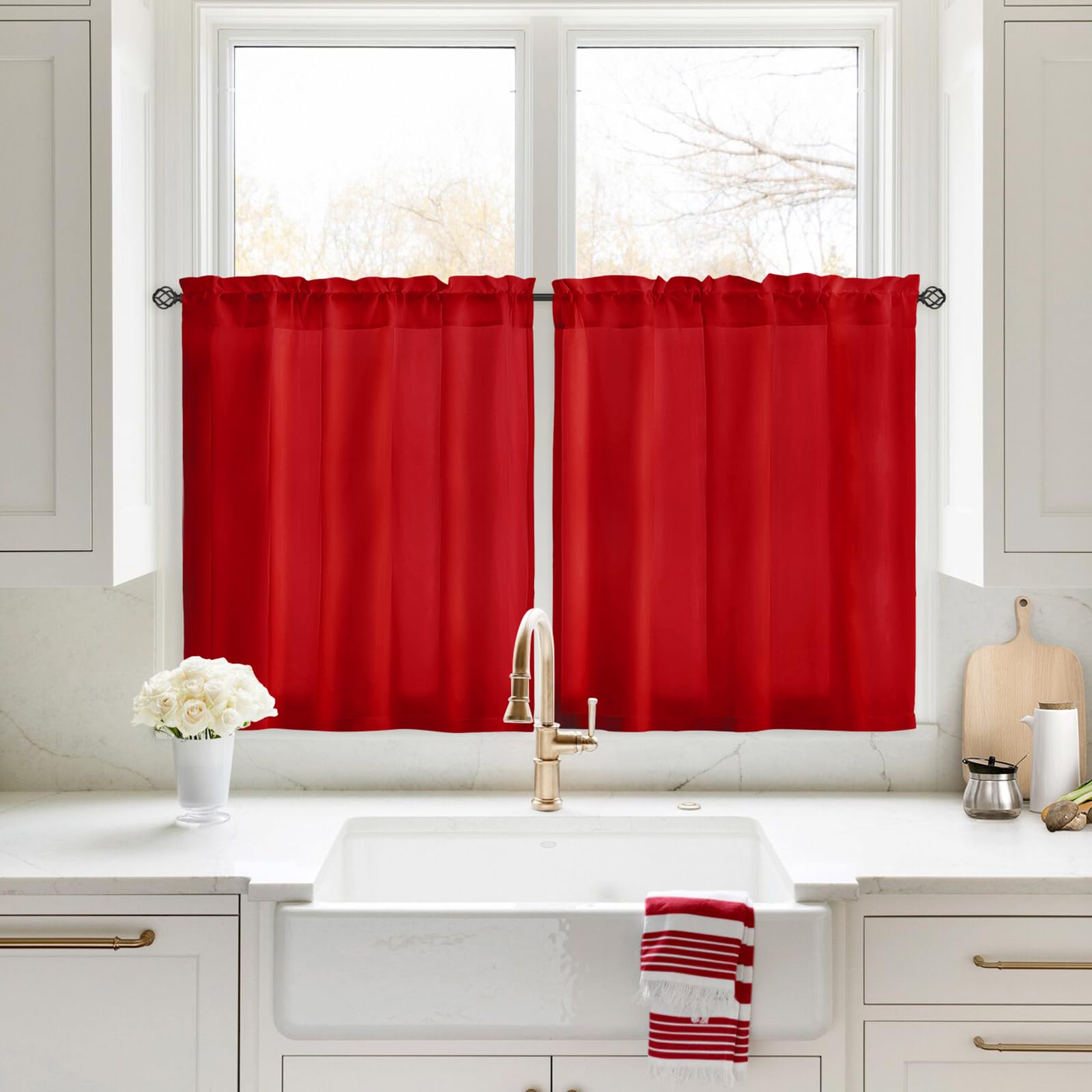 Homeideas Non-See-Through Red Privacy Sheer Kitchen Curtains 30 X 24 Inches Long 2 Panels Short Sheer Curtains Light Filtering Bathroom Window Curtains Drapes For Bedroom Living Room
