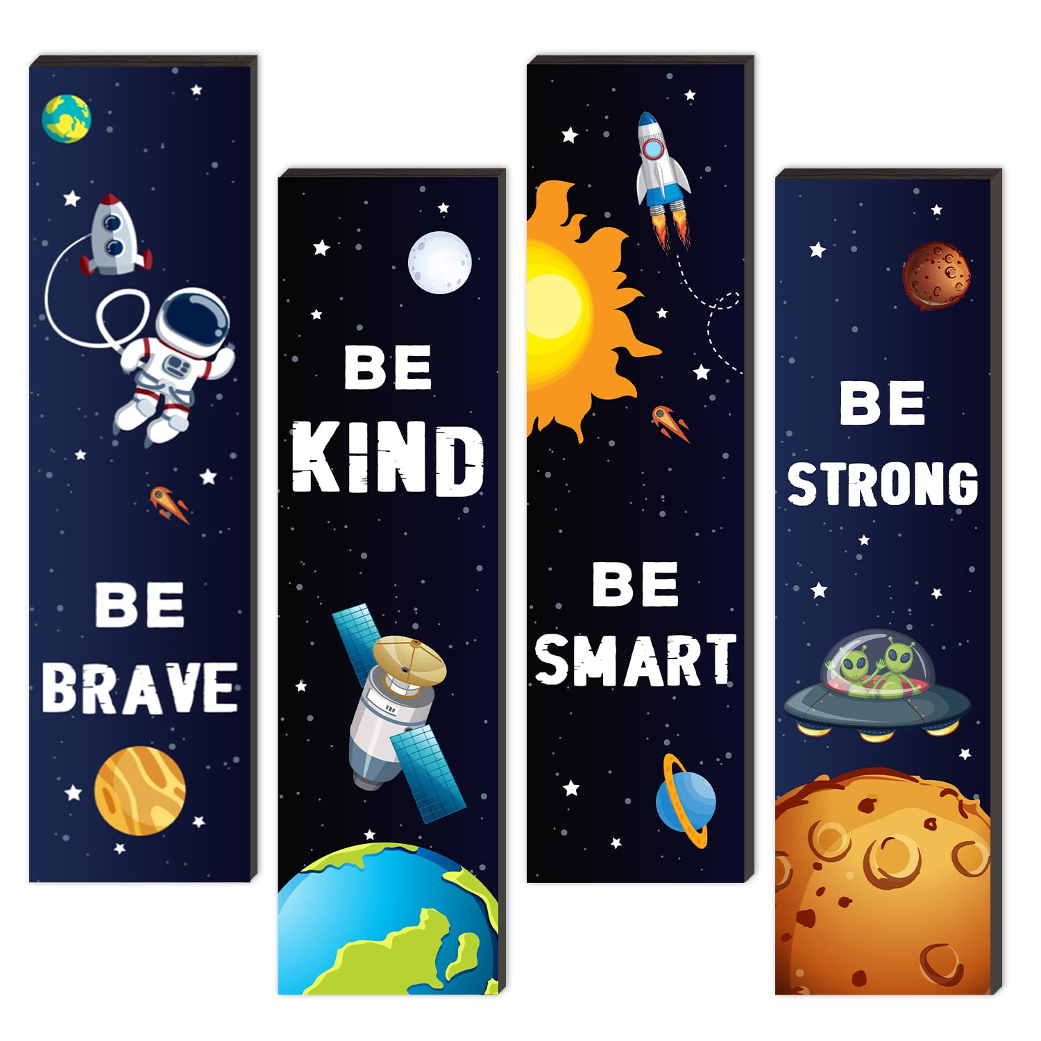 4 Pieces Space Decor Wooden Hanging Wall Plaques, Outer Space Theme Room Wall Art Decor, Boys Bedroom Decor Space Motivational Q