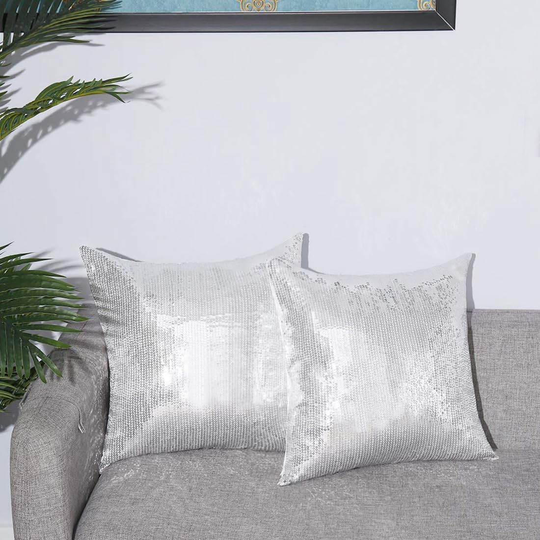 Eternal Beauty Sequin Pillow Case, Decorative Glitter Pillow Cover For Home Decor Throw Cushion Cover, 18X18 Inches, Silver, Set