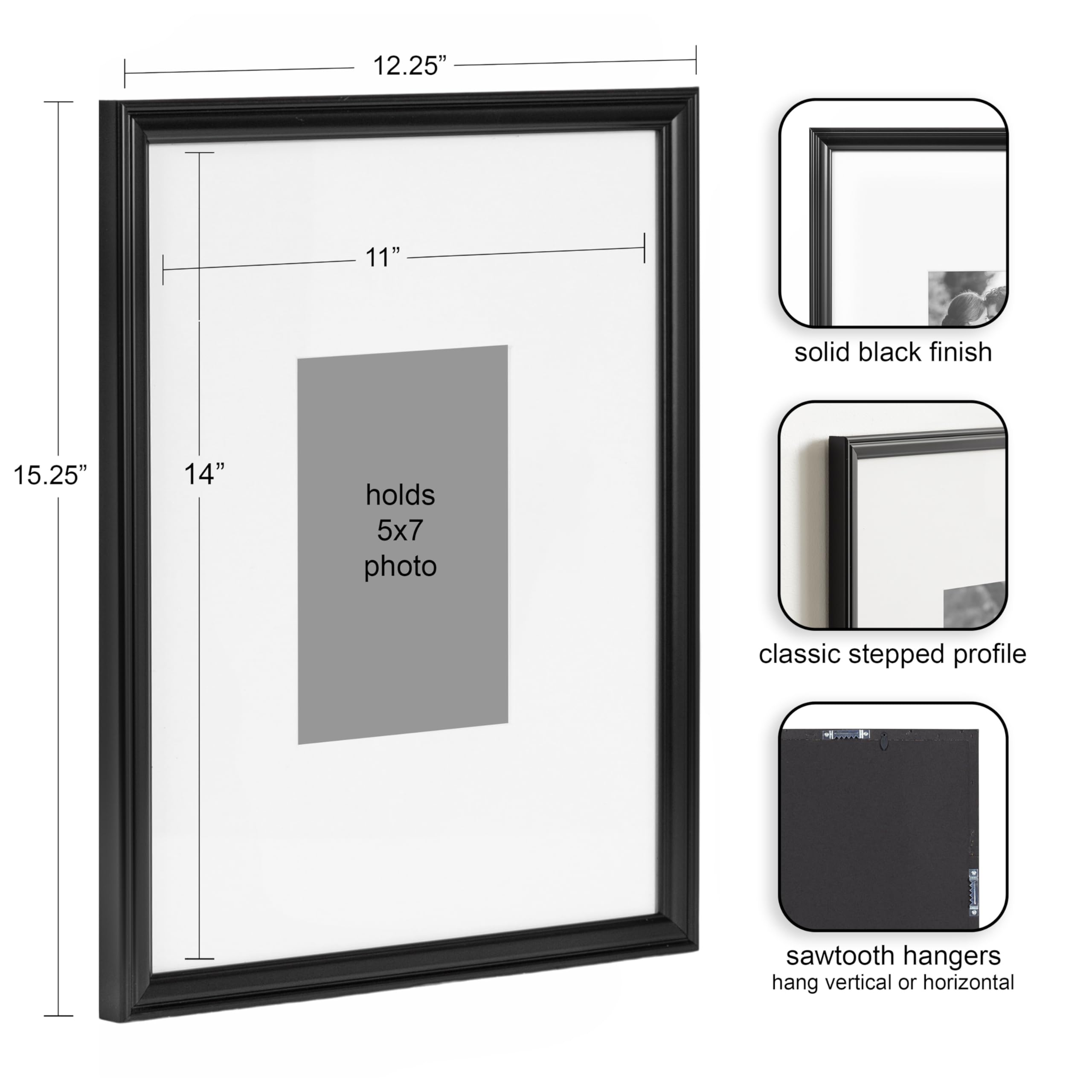 Kate And Laurel Adlynn Rectangle Picture Frame Set Of 3, 11 X 14 Matted To 5 X 7, Black, Modern Three-Piece Frame Set For Galler