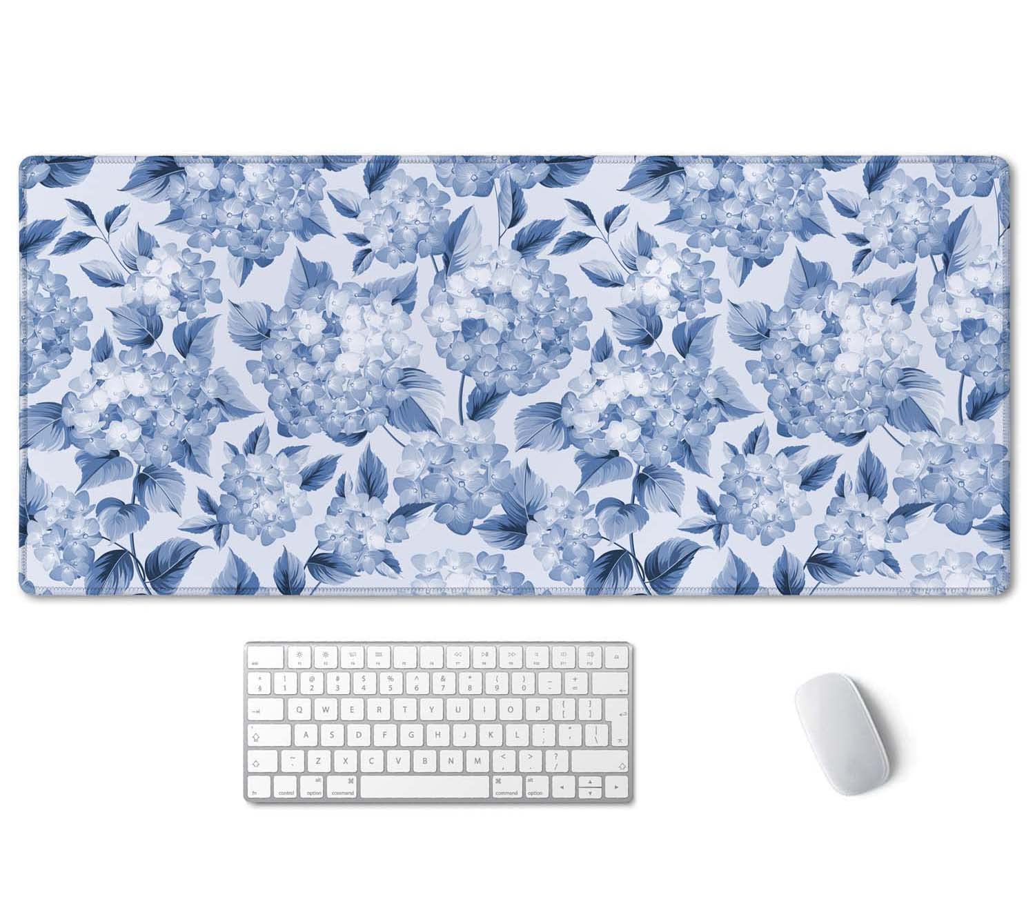 Ssoiu Blue Hydrangea Flowers Desk Mat, Floral Large Aesthetic Mouse Pad 35.5' X 15.7', Waterproof Desk Mat Stitched Edges, Non
