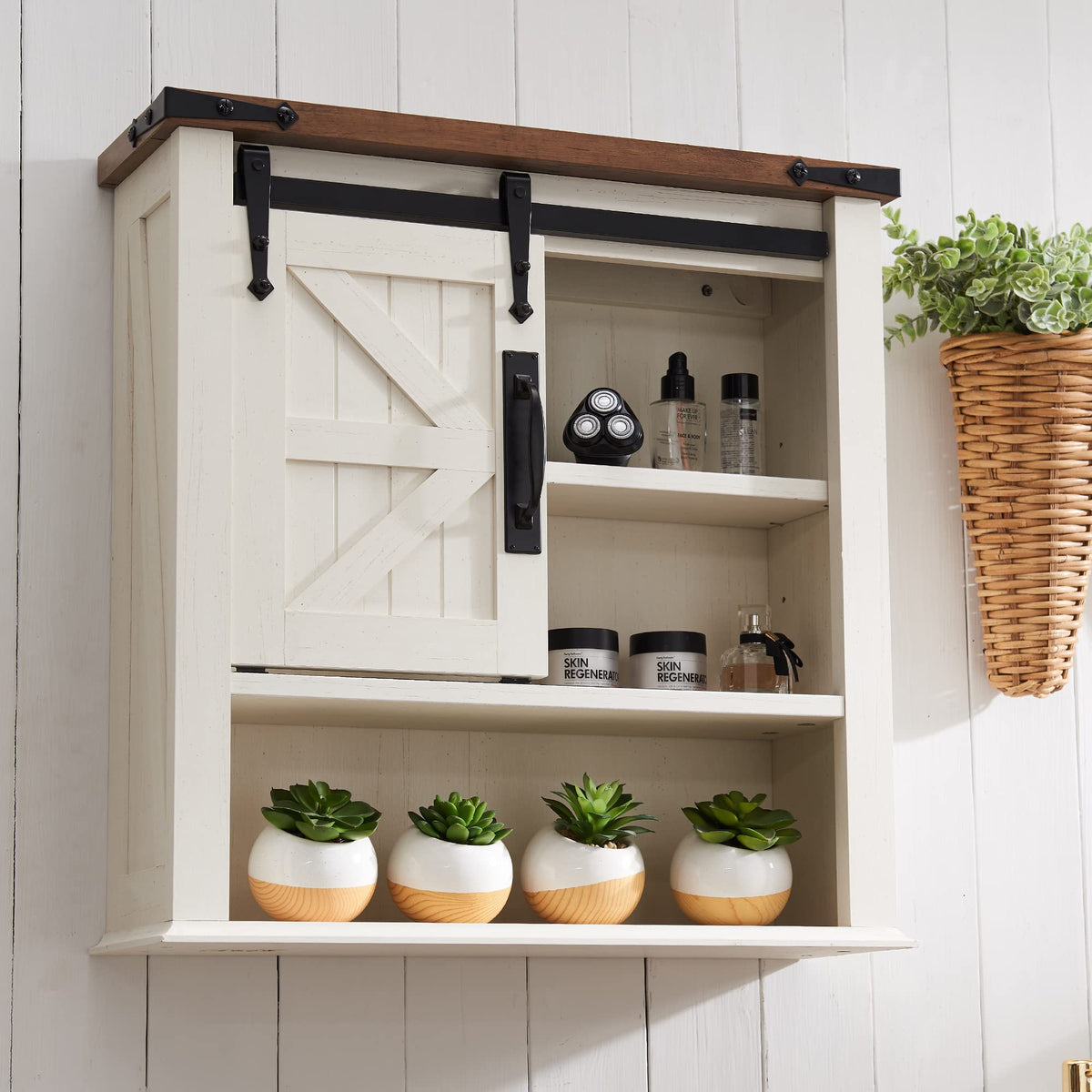 Okd Bathroom Wall Cabinet, Farmhouse Medicine Cabinet With Sliding Barn Door & Adjustable Shelves, Storage Cabinet Wall Mounted For Bathroom, Kitchen, Rustic Oak With Antique White