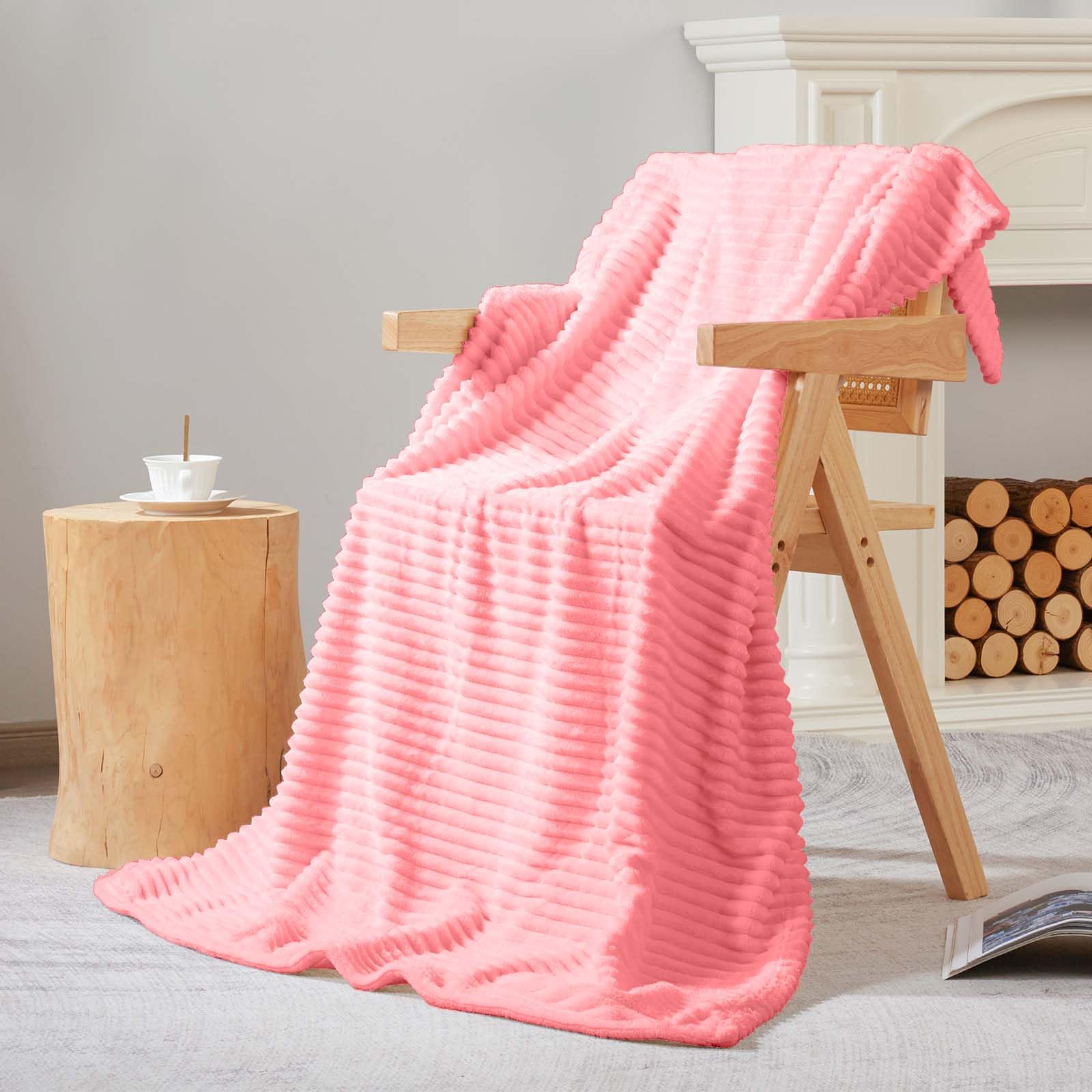 Bnuitland Light Pink Flannel Throw With Storage Pouch,300Gsm Super Soft Fleece Stripe Pattern Sofa Blanket For Adults And Kids,
