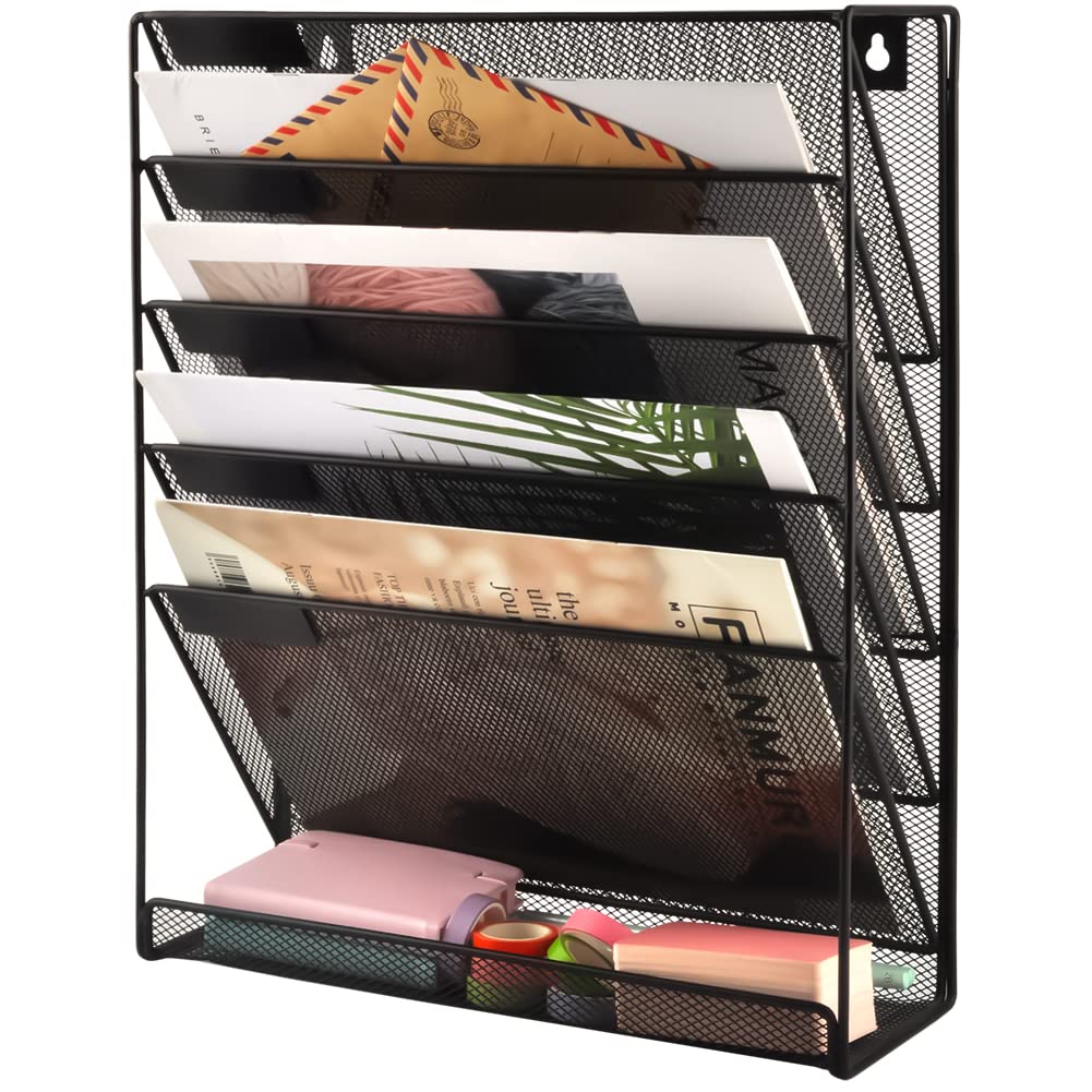 Gdindinfan Wall File Organizer Holder Mesh Hanging Paper Document Holder,Vertical 6 Pocket Tier For Office Home, Black