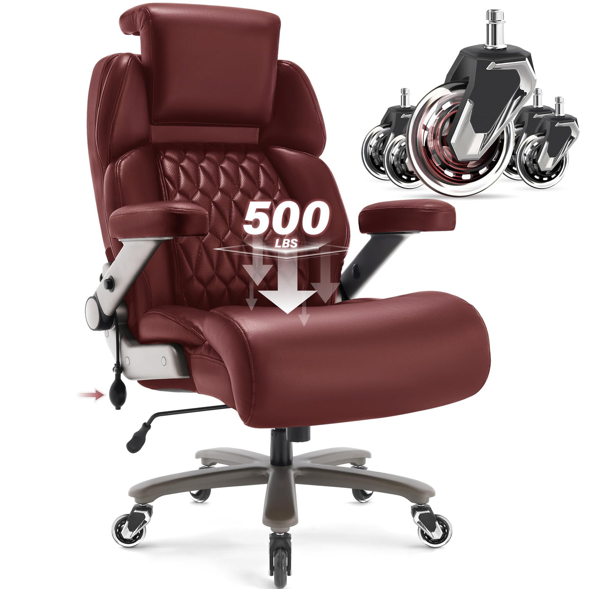 Big And Tall Office Chair 500Lbs - Adjustable Headrest&Lumbar Support, 3D Flip Arms, Large Wheels &Heavy Duty Metal Base, Ergono