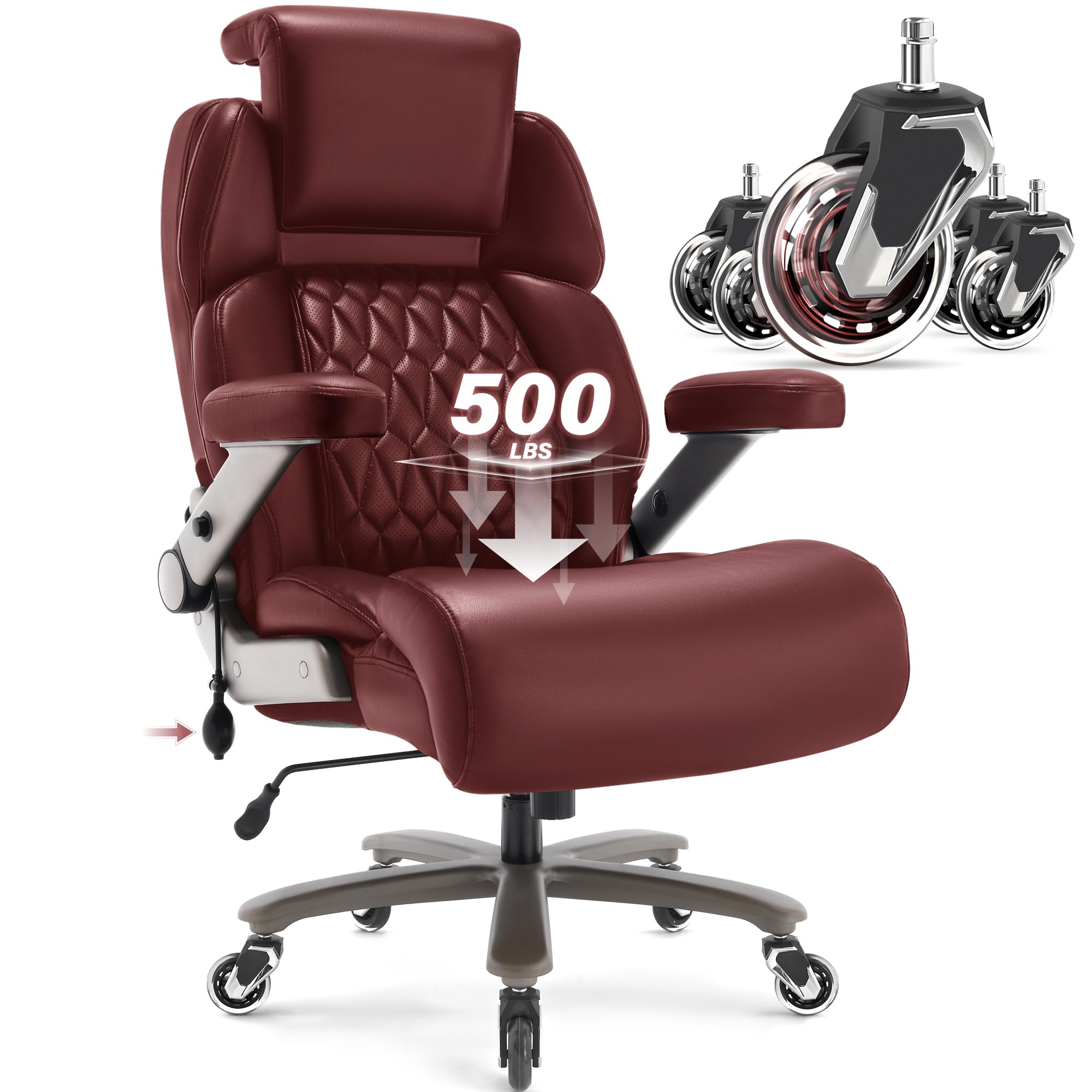 Big And Tall Office Chair 500Lbs - Adjustable Headrest&Lumbar Support, 3D Flip Arms, Large Wheels &Heavy Duty Metal Base, Ergono