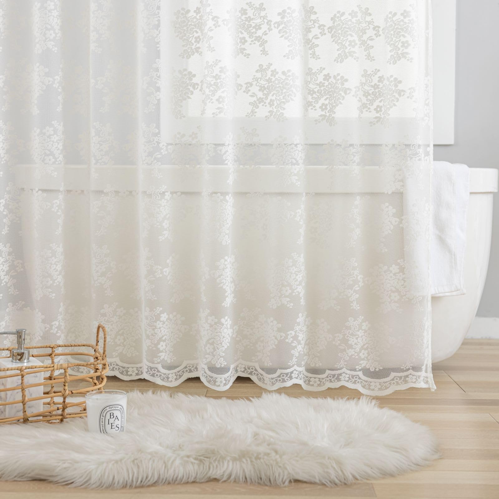 Tudeco Small Stall Shower Curtain 36 X 72 Inch - Vintage Half Size Floral Lace Shower Curtain Ivory Boho Sheer Scalloped Edges B