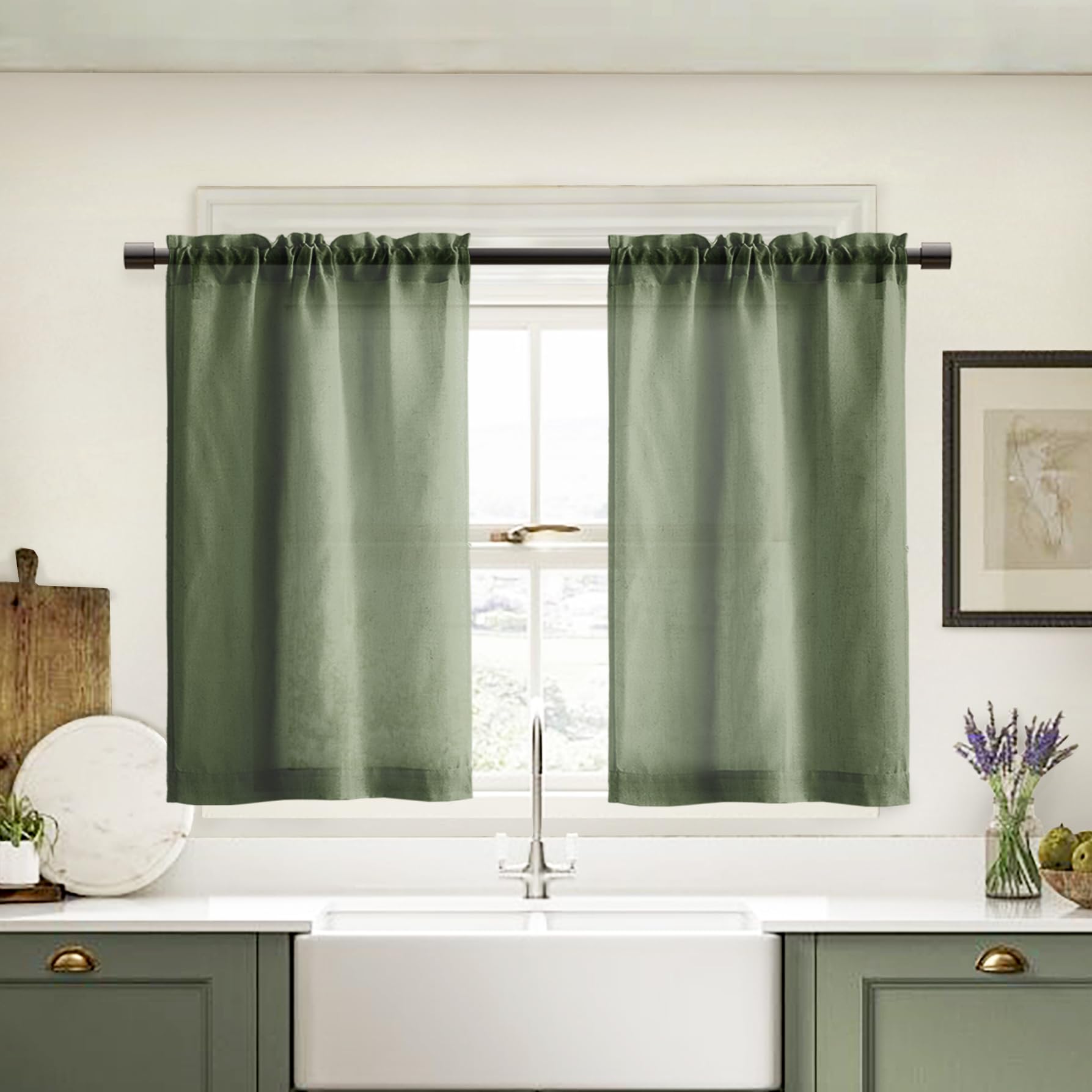 XTMYI Olive Green Linen Small Cafe Curtains 36 Inch Length Rod Pocket Farmhouse Boho Short Semi Sheer Curtains Tiers for Half Wi