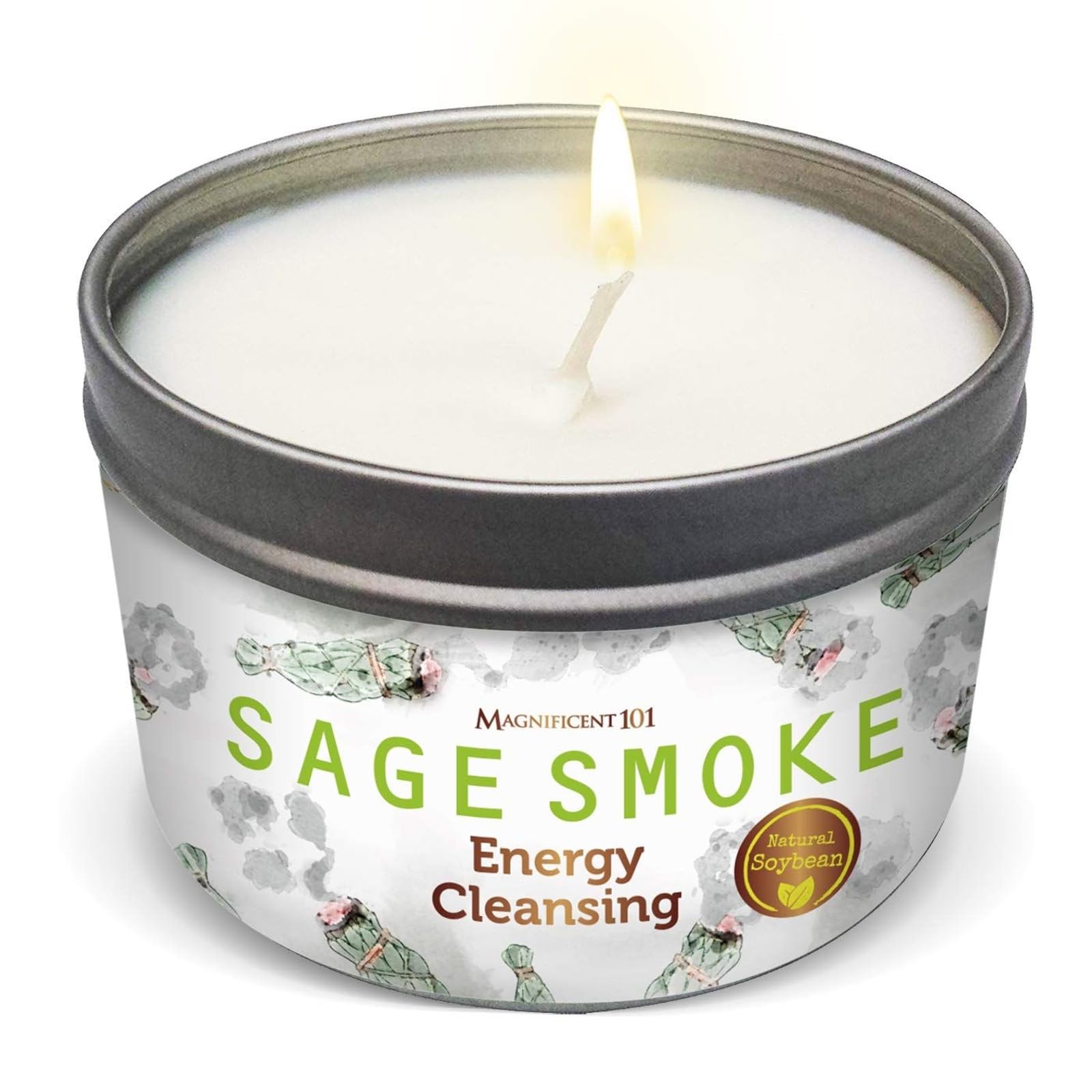 Magnificent 101 Long Lasting Pure White Sage Smoke Smudge Candle | 6 Oz - 35 Hour Burn |Paraffin Free Soy Wax Candle for House E