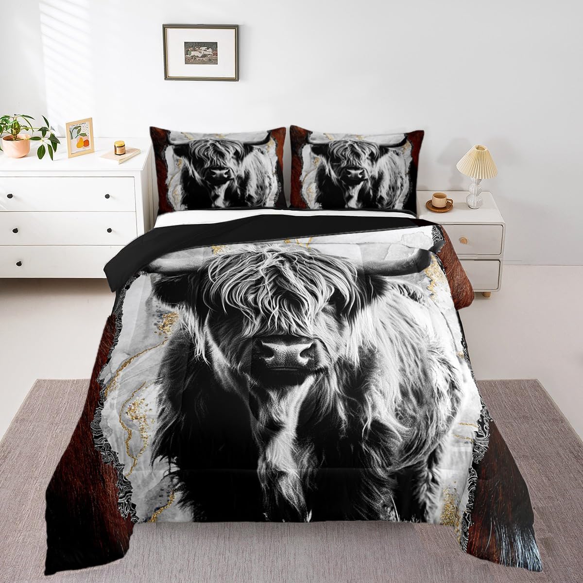 Erosebridal Highland Cow Comforter Set King,Bull Cattle Bedding Set,Gold Grey Marble Duvet Insert For Kids Boys Men,Wildlife Far