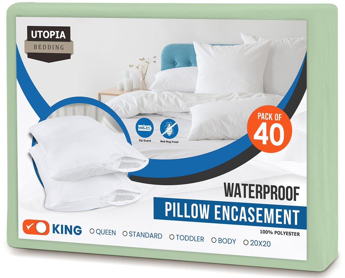 Utopia Bedding Waterproof Pillow Protectors Zippered (40 Pack, White) King Size, Zippered Pillowcases, Bed Bug Proof Pillow Enca