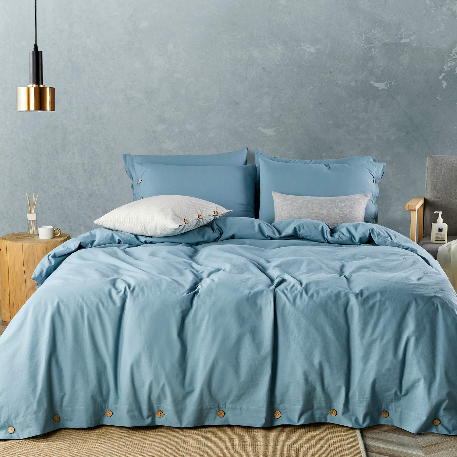Jellymoni Grayish Blue 100% Washed Cotton Duvet Cover Set, 3 Pieces Luxury Soft Bedding Set With Buttons Closure. Solid Color Pa