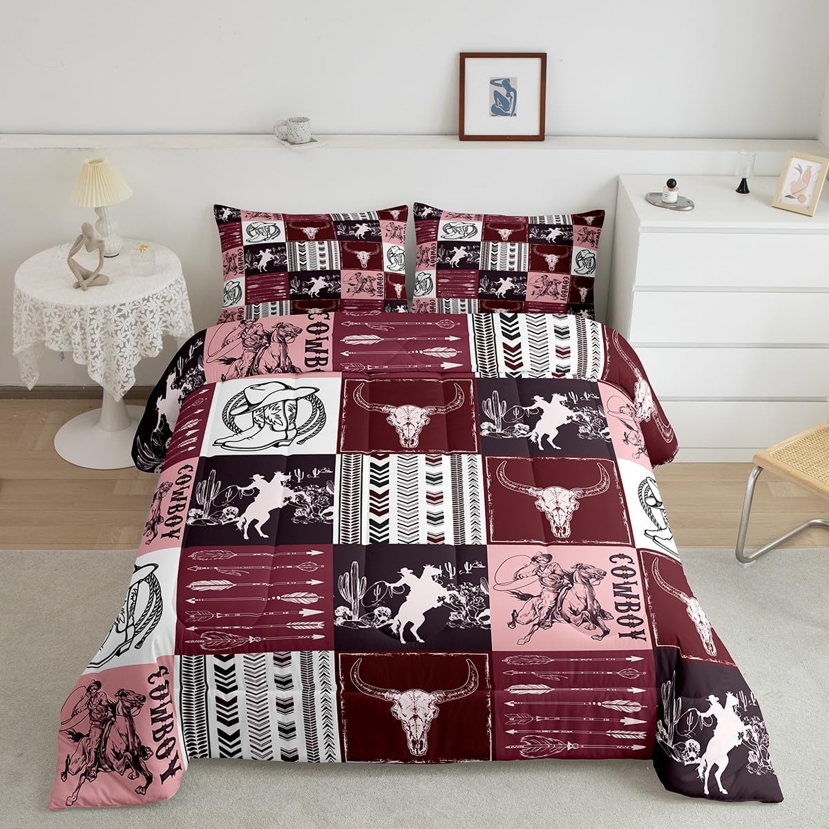 Manfei Cowboy Comforter Set Queen Size, Horse Bull Skull Cowboy Boots Hat Down Comforter 3Pcs, Kids Boys Teens Room Decor, Boho