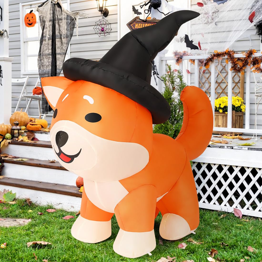 Comin 4 Ft Halloween Inflatables Dog Outdoor Decorations Blow Up Yard Wizard Shiba Inu Dog With Built-In Leds For Indoor Party G